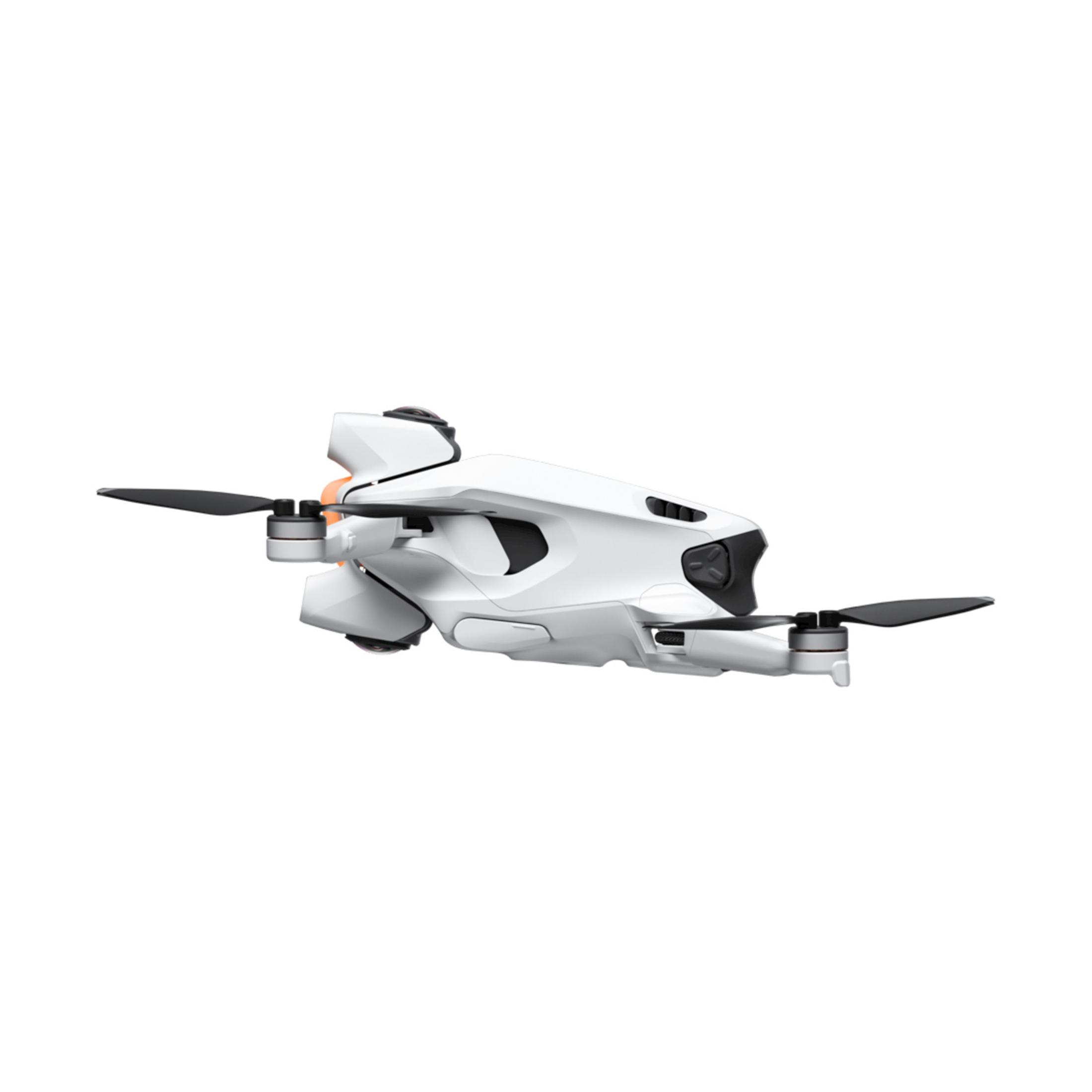Biały dron z czarnymi śmigłami leci na białym tle.