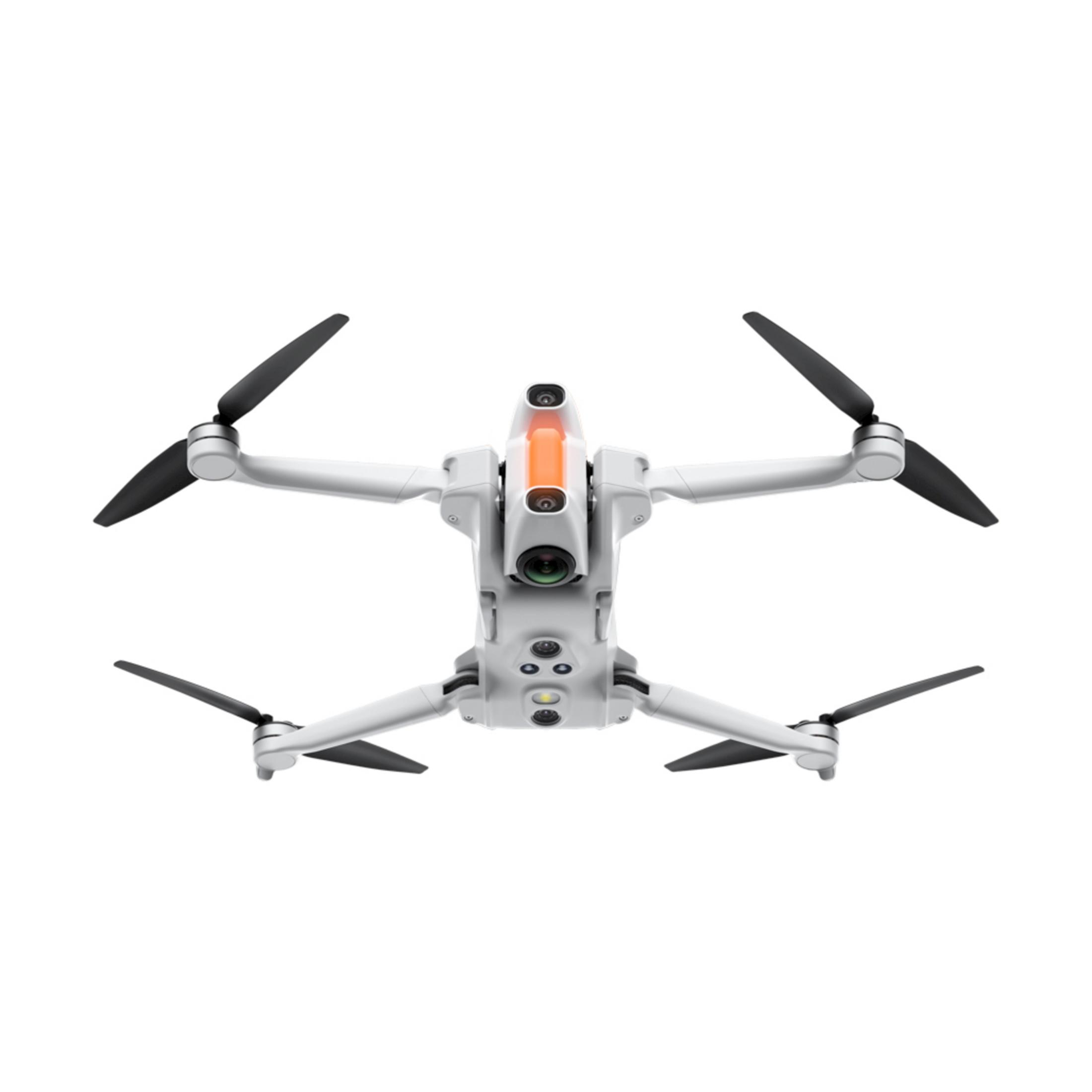Biały dron z czterema czarnymi śmigłami i pomarańczowym światłem.
