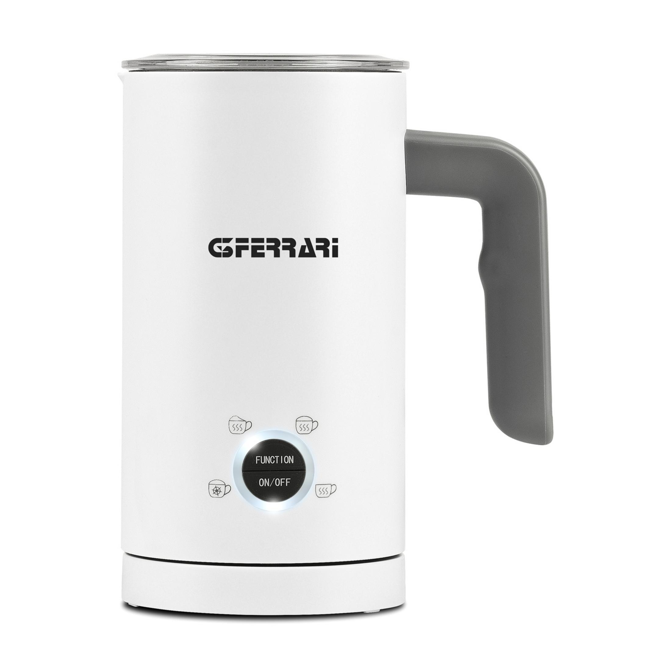 Ein weißer Milchaufschäumer mit grauem Griff und Bedienelementen.