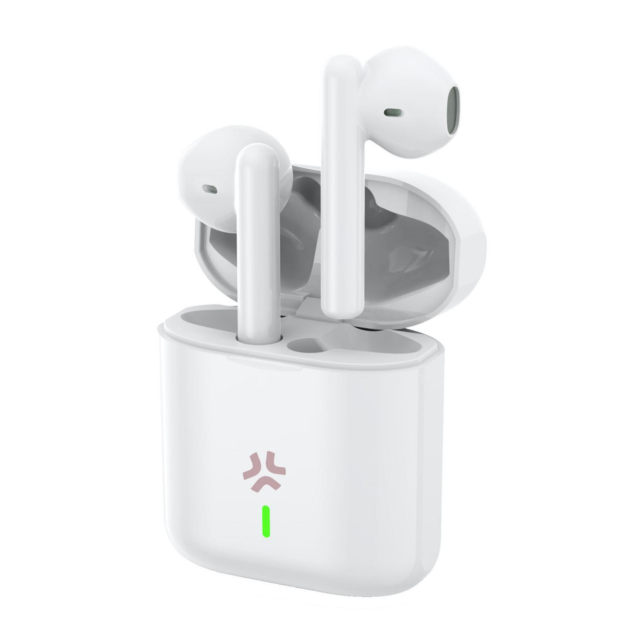 Auriculares inalámbricos blancos en un estuche de carga abierto con luz indicadora verde.