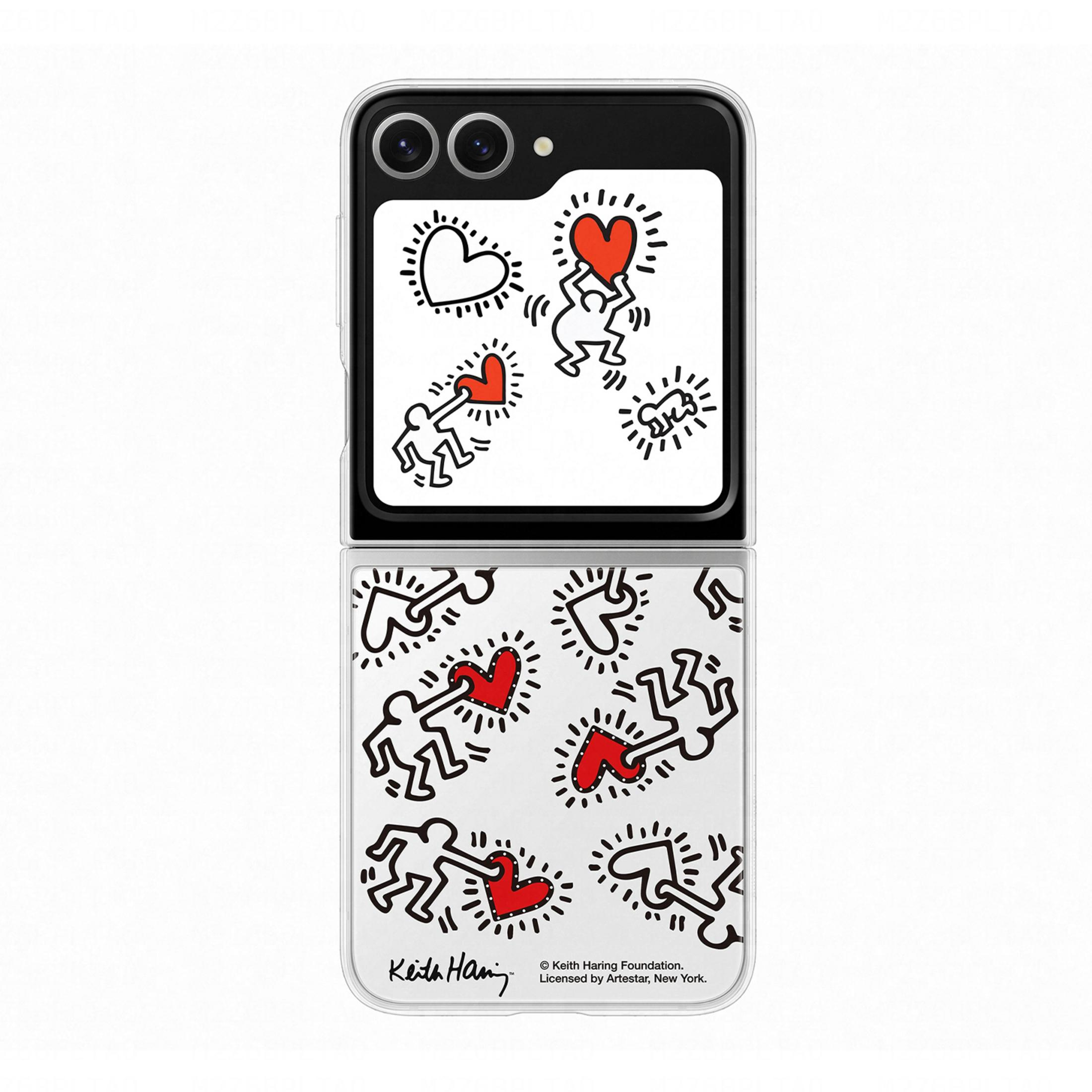 Etui na telefon typu flip z postaciami Keitha Haringa i czerwonymi sercami na białym tle.