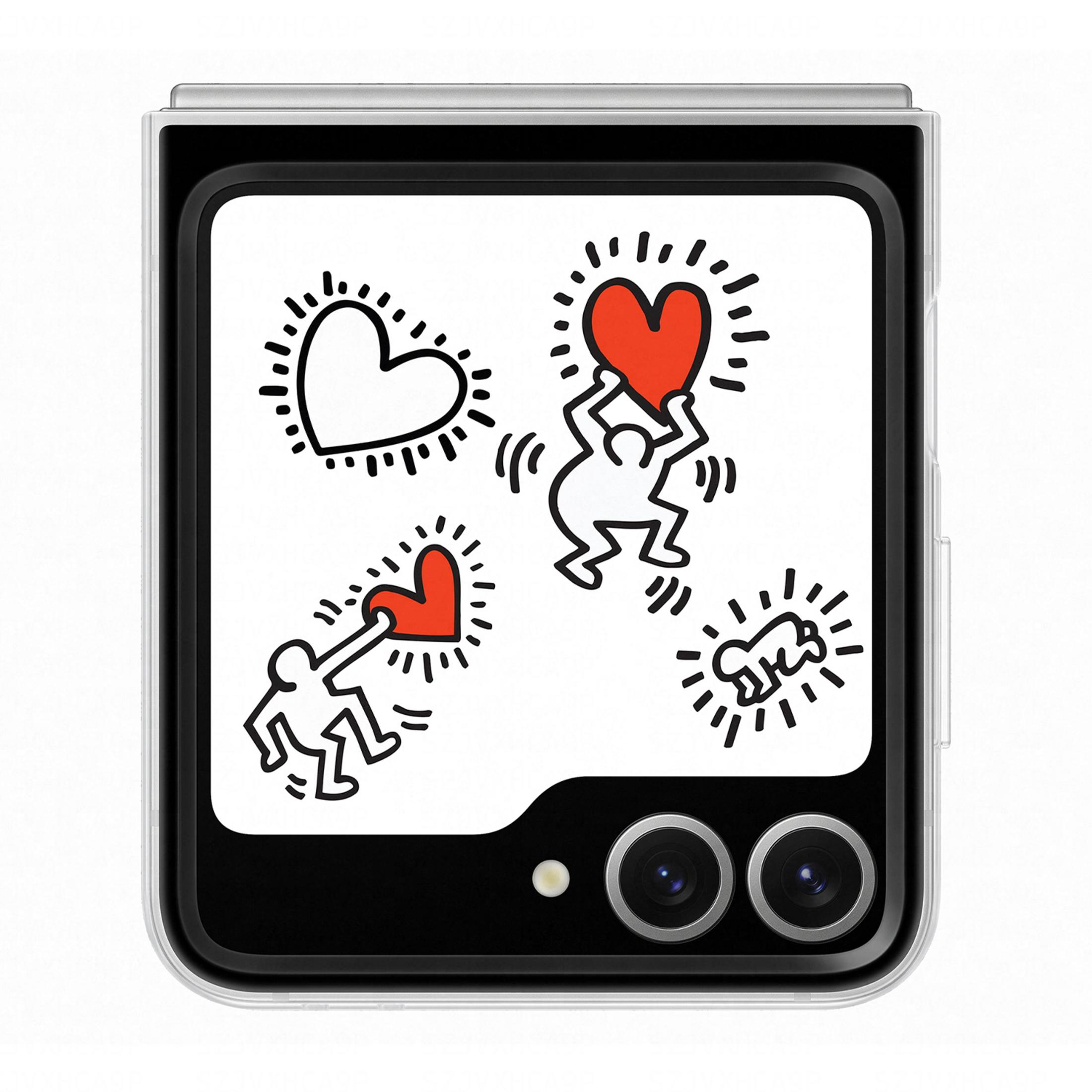 Smartfon wyświetlający sztukę Keitha Haringa: ludzie i serca na białym tle.