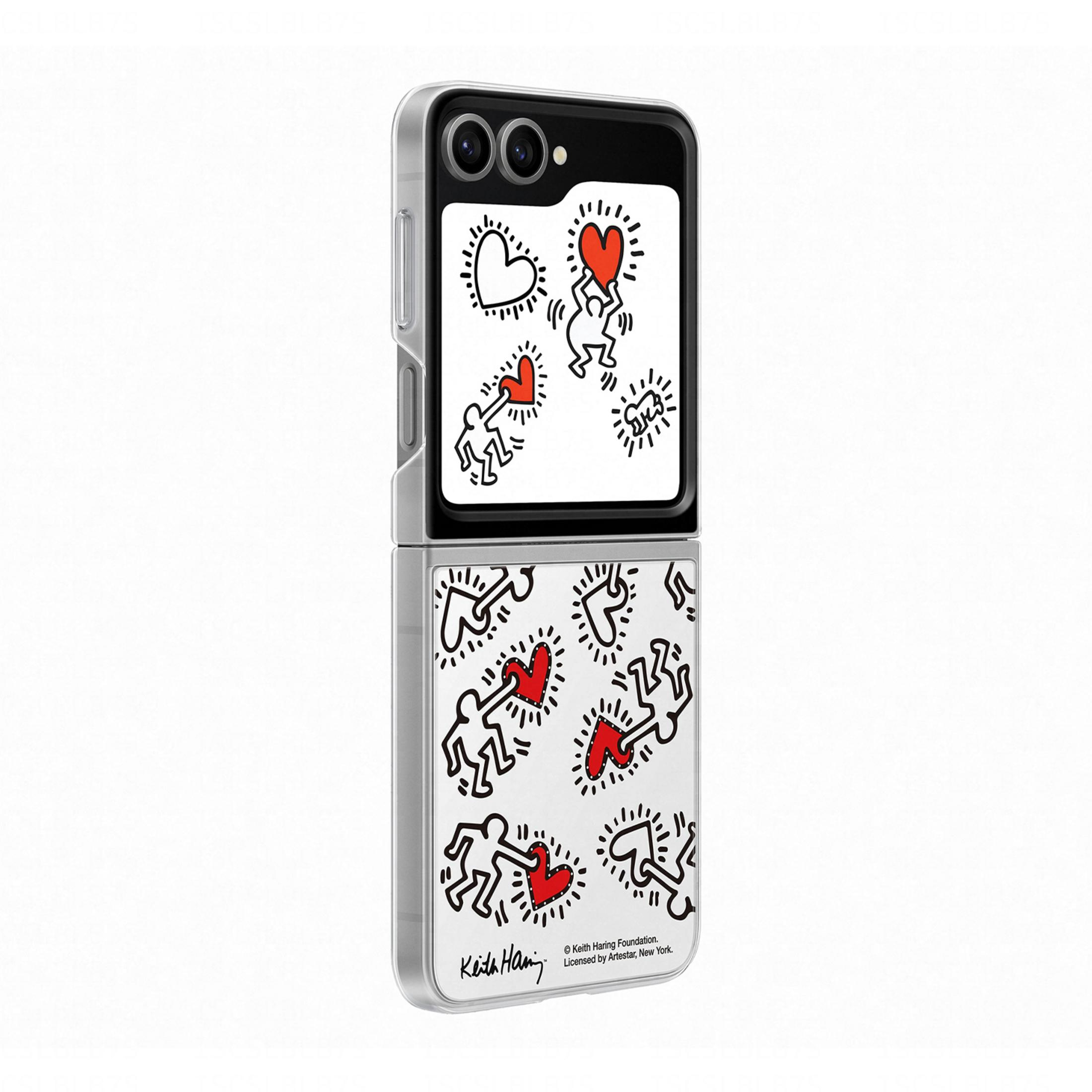 Otwarty smartfon z motywami serc Keitha Haringa na obudowie.