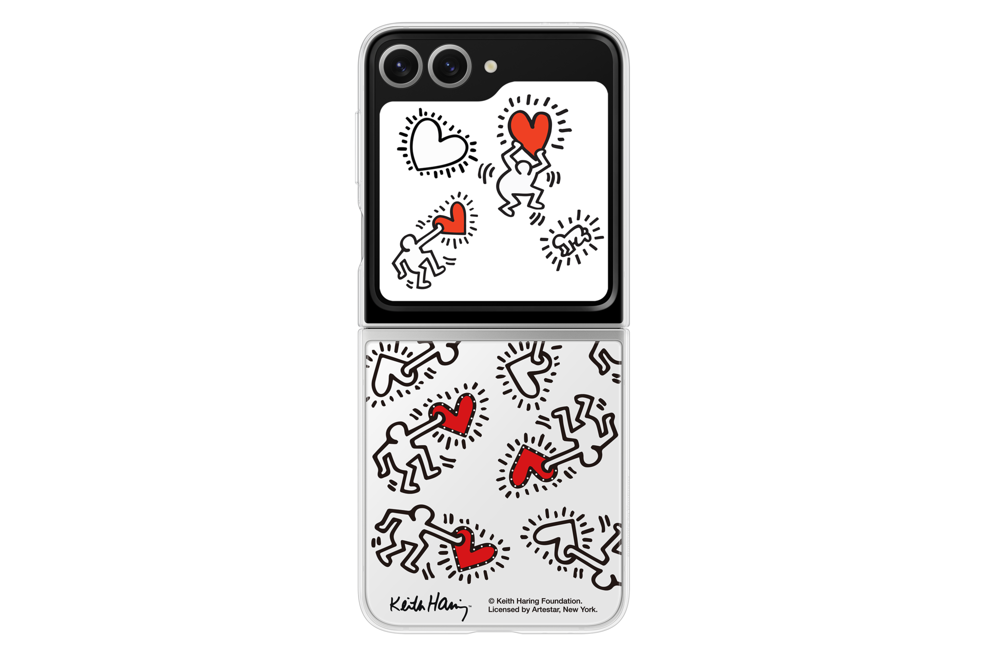 Otwarty smartfon ze sztuką Keitha Haringa: postacie i serca na białym tle.