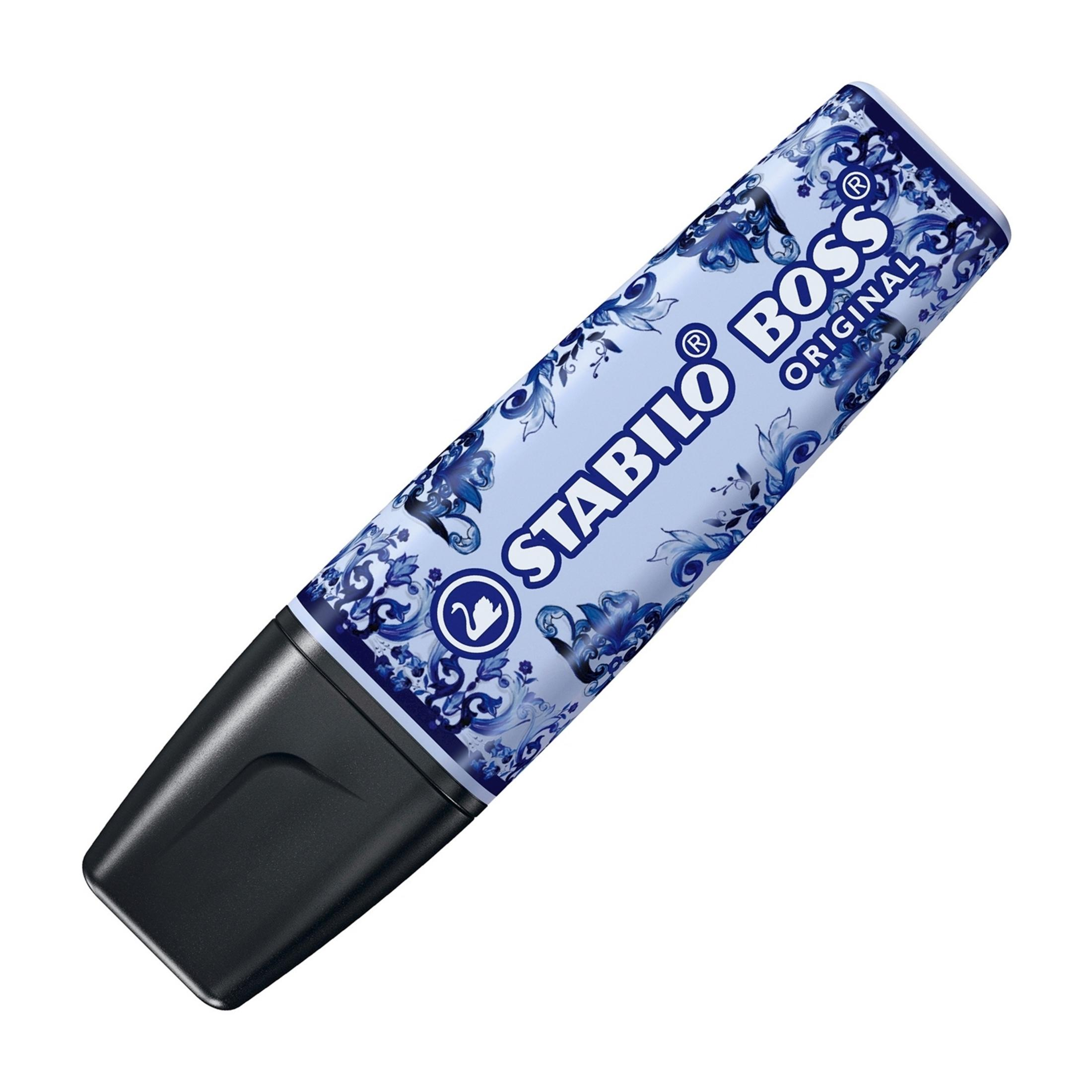 Un evidenziatore Stabilo Boss Original blu con motivo floreale.
