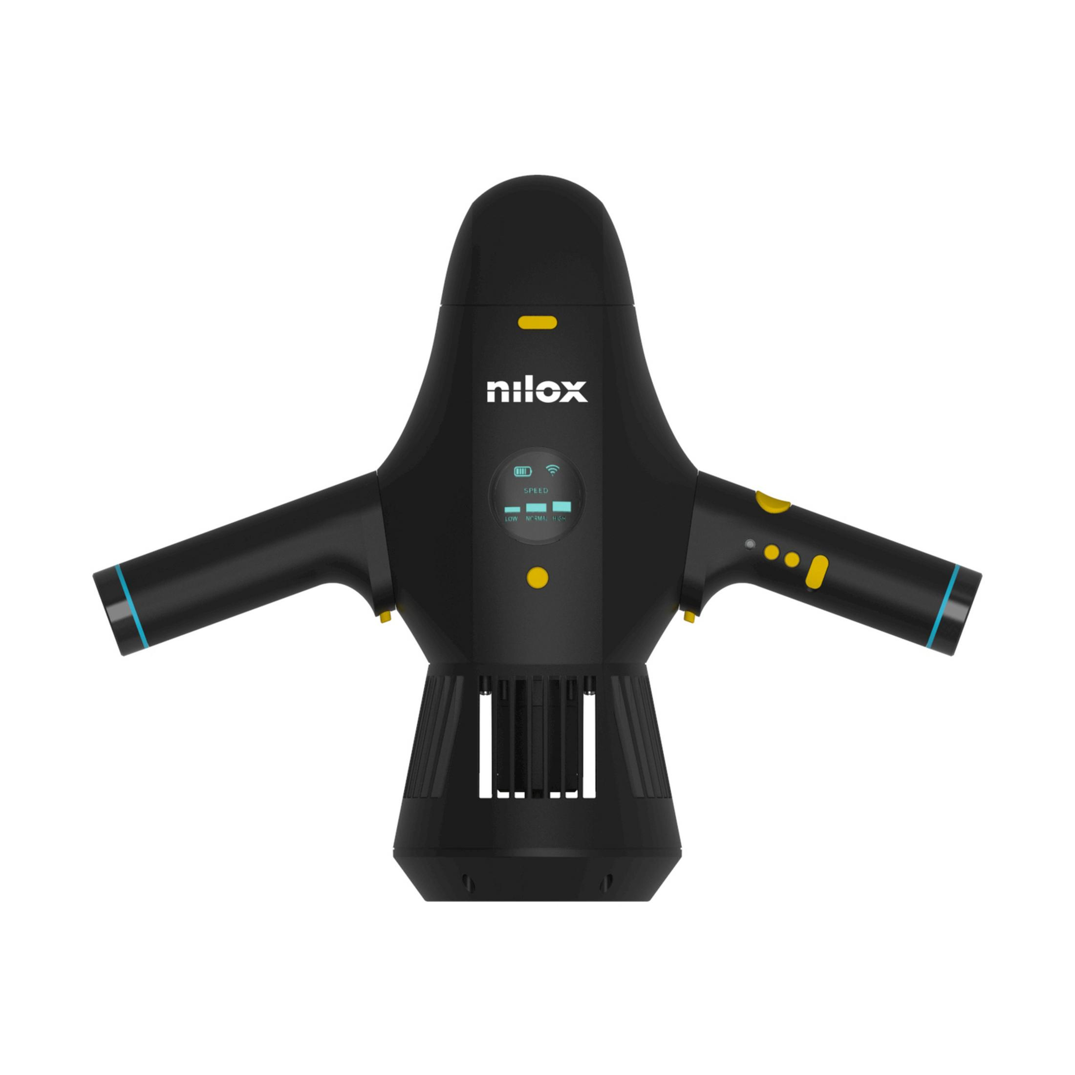 Czarny sprzęt Nilox z bocznymi ramionami i ekranem.