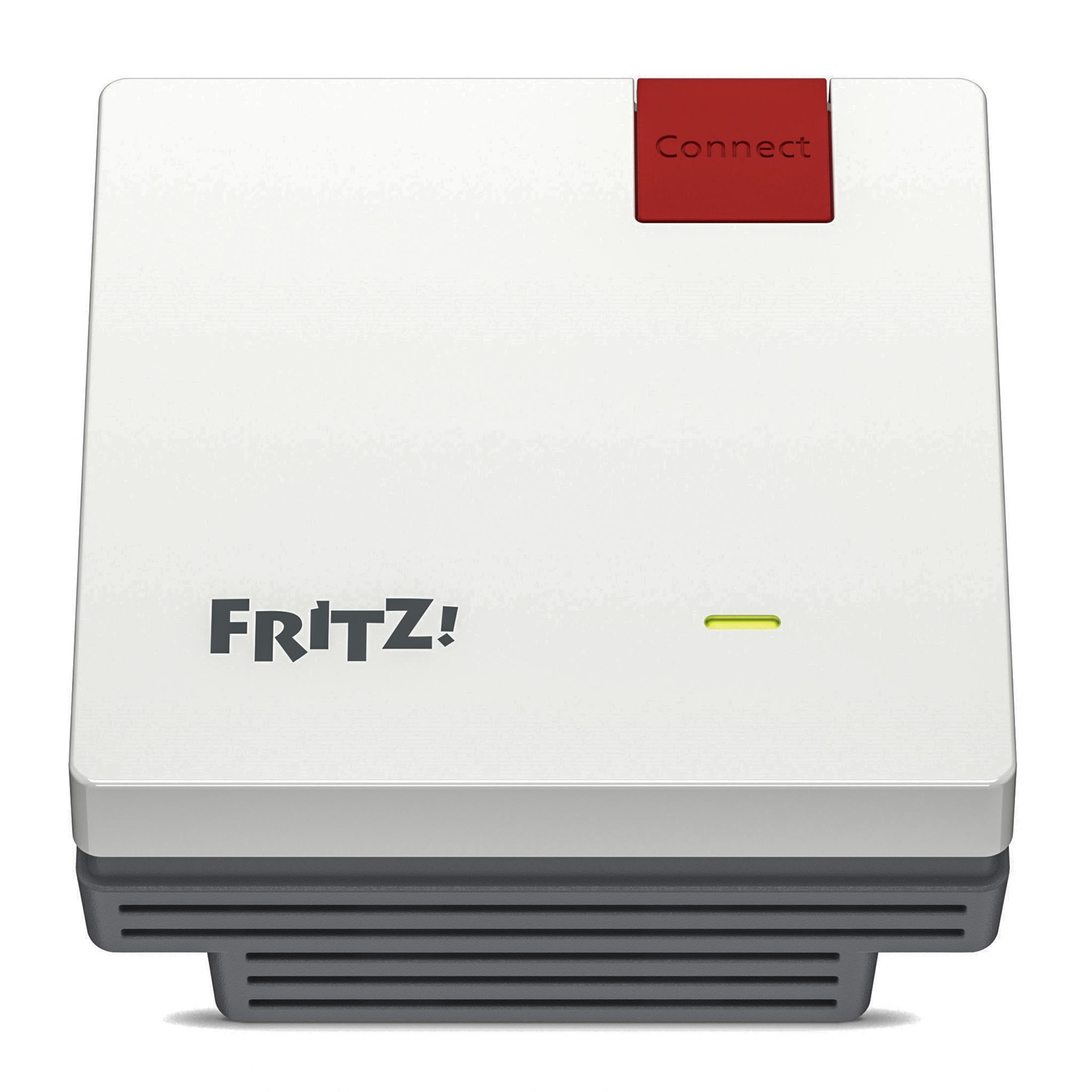 Een witte Fritz!Box router met rode Connect knop en blauw lampje.