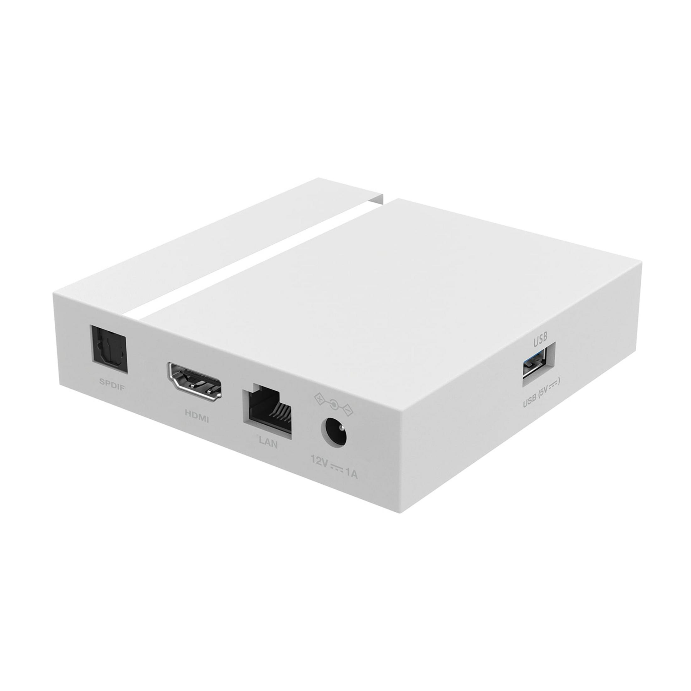 Ein weißes Gerät mit HDMI-, LAN-, USB-Anschlüssen und Stromversorgung.