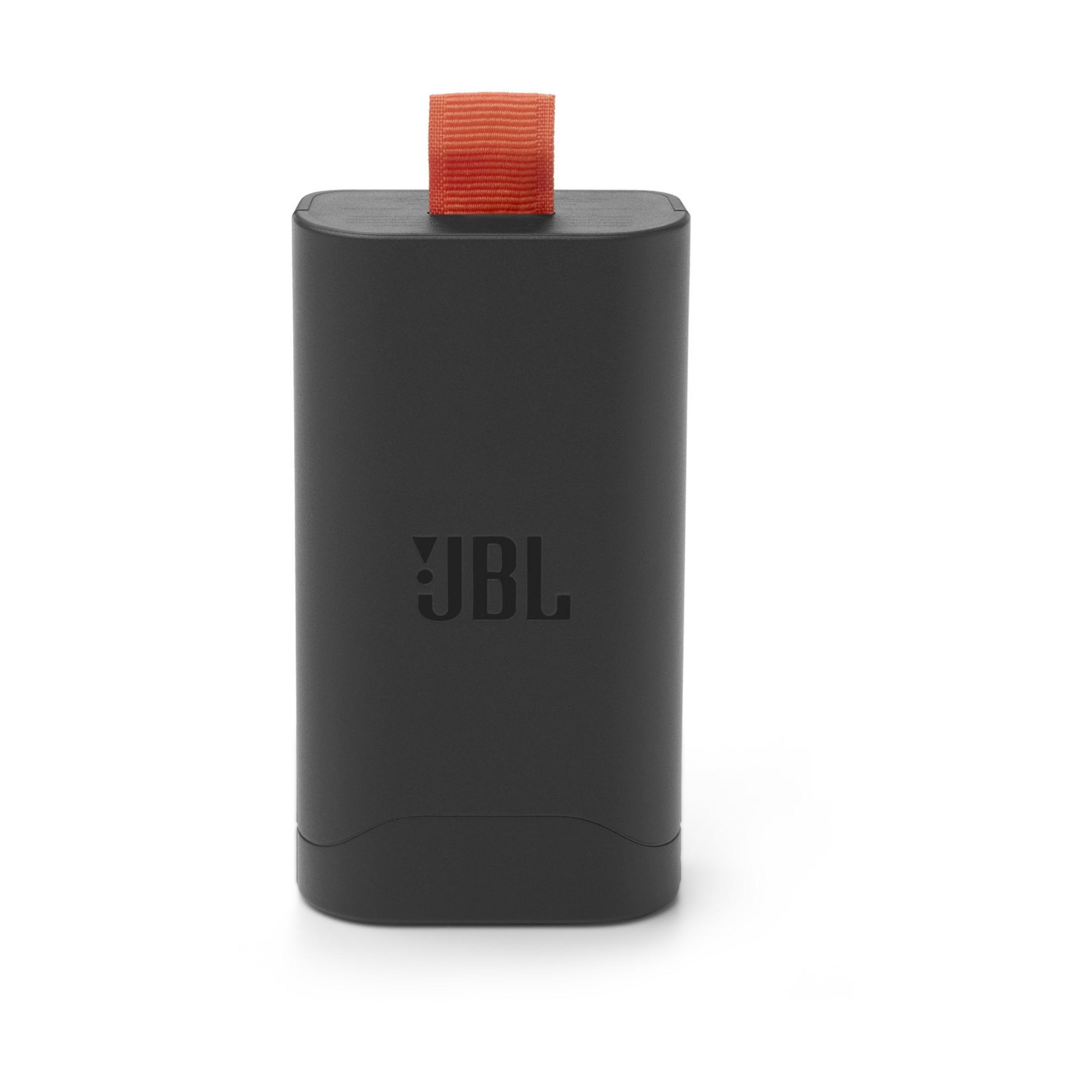 Altoparlante JBL portatile nero con cinturino arancione in cima.