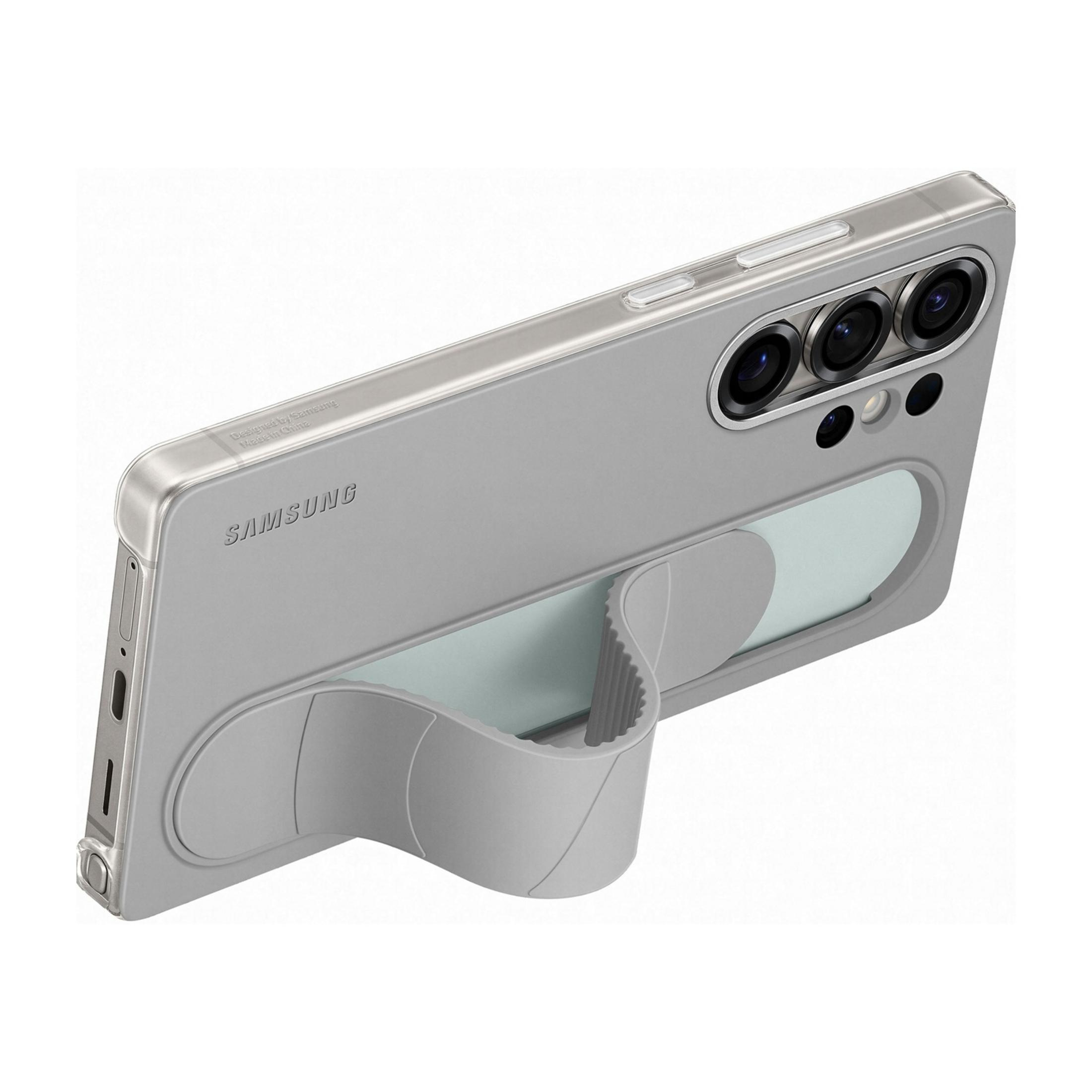 Arrière d'un smartphone gris avec une poignée intégrée et trois caméras.