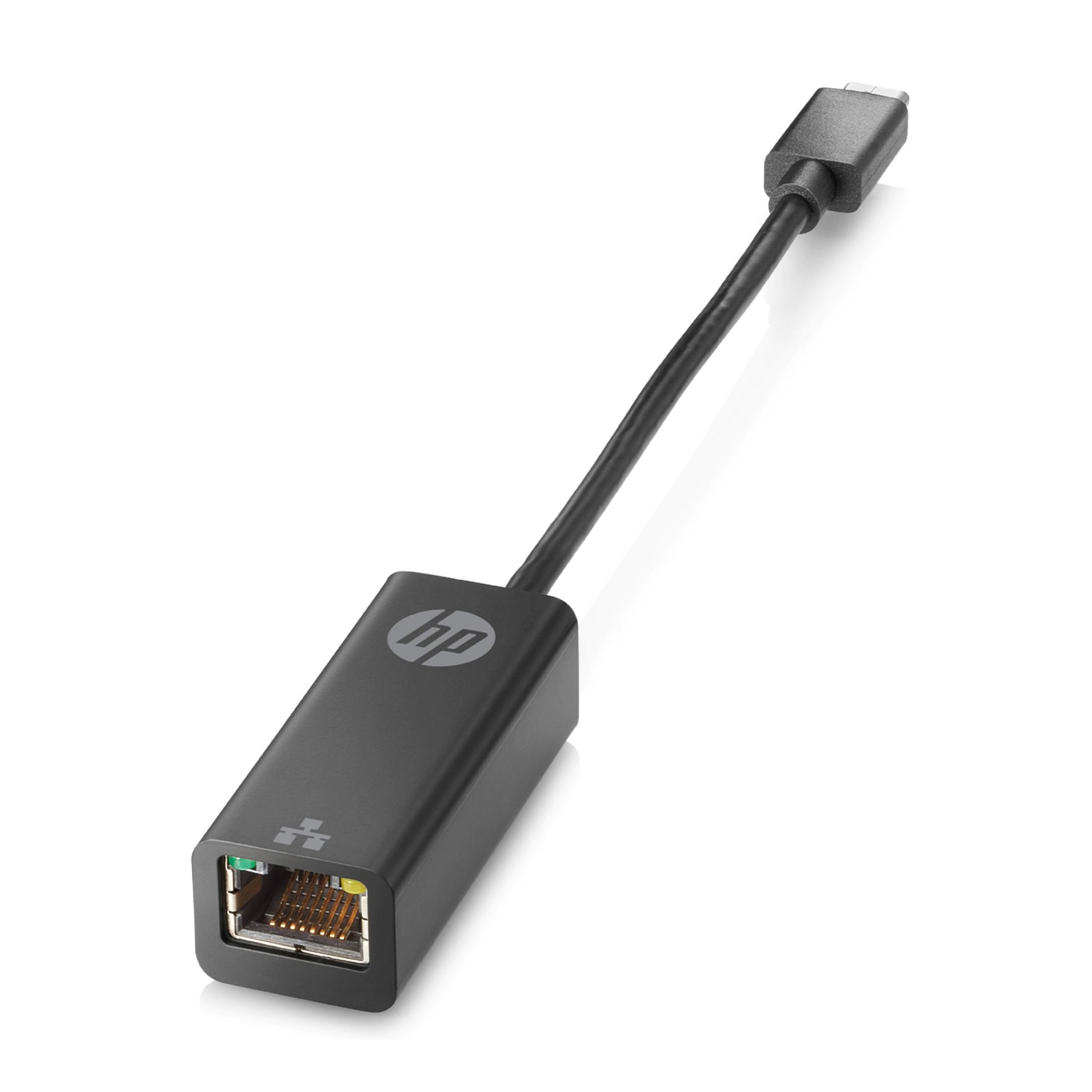 Adaptador HP USB-C a Ethernet negro con puertos visibles y logo HP.