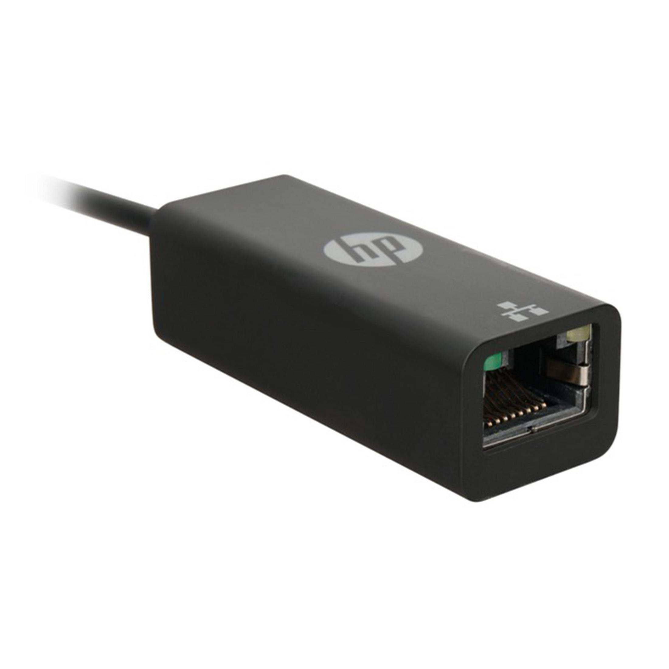 Adaptador HP negro con puertos USB y Ethernet.
