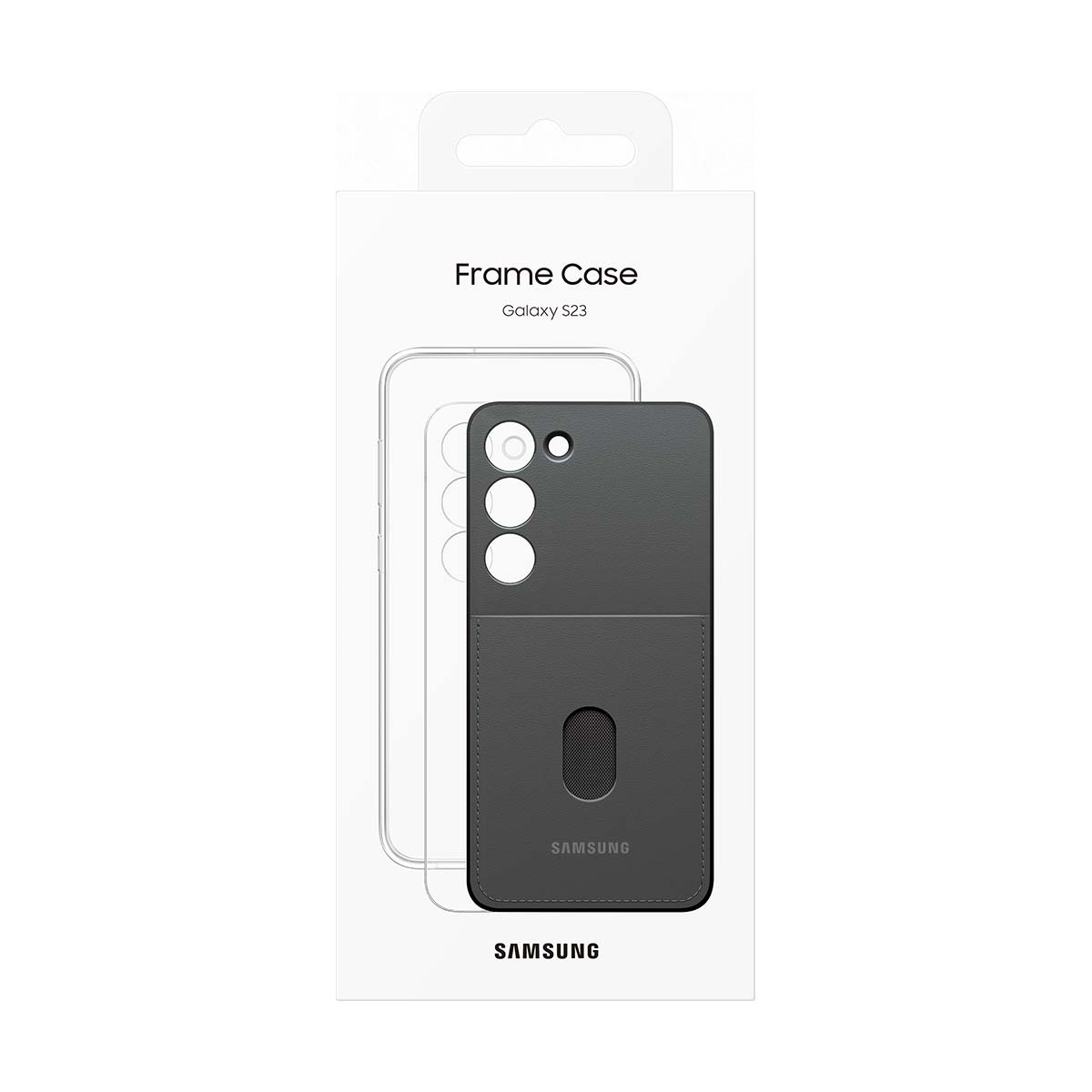 Verpakking met Samsung Galaxy S23 framecase en kaarthouder.