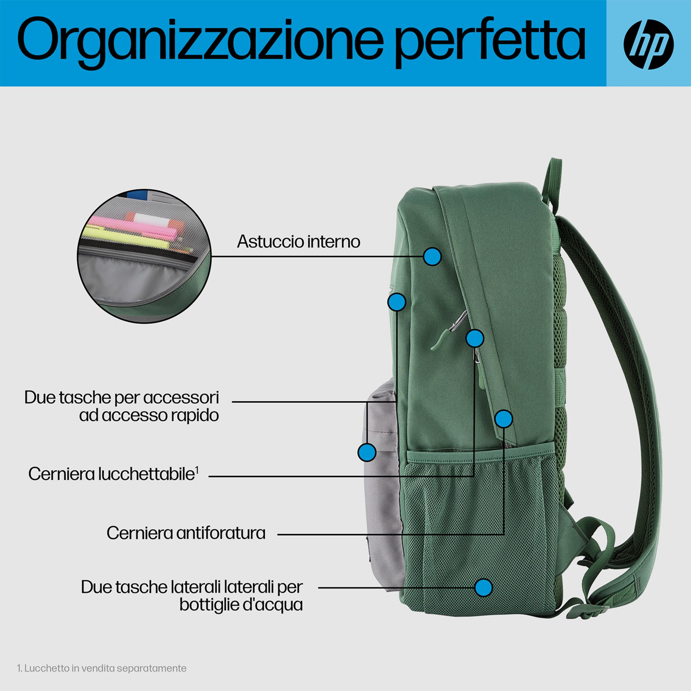 Mochila verde con múltiples bolsillos y logo de HP. Se muestra un estuche interior.