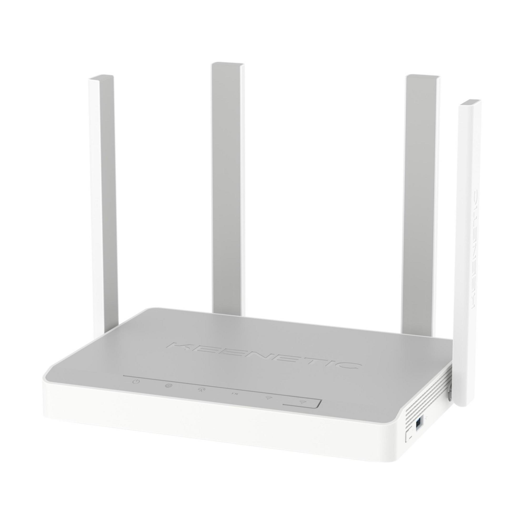 Biały router z czterema antenami stoi na białym tle.