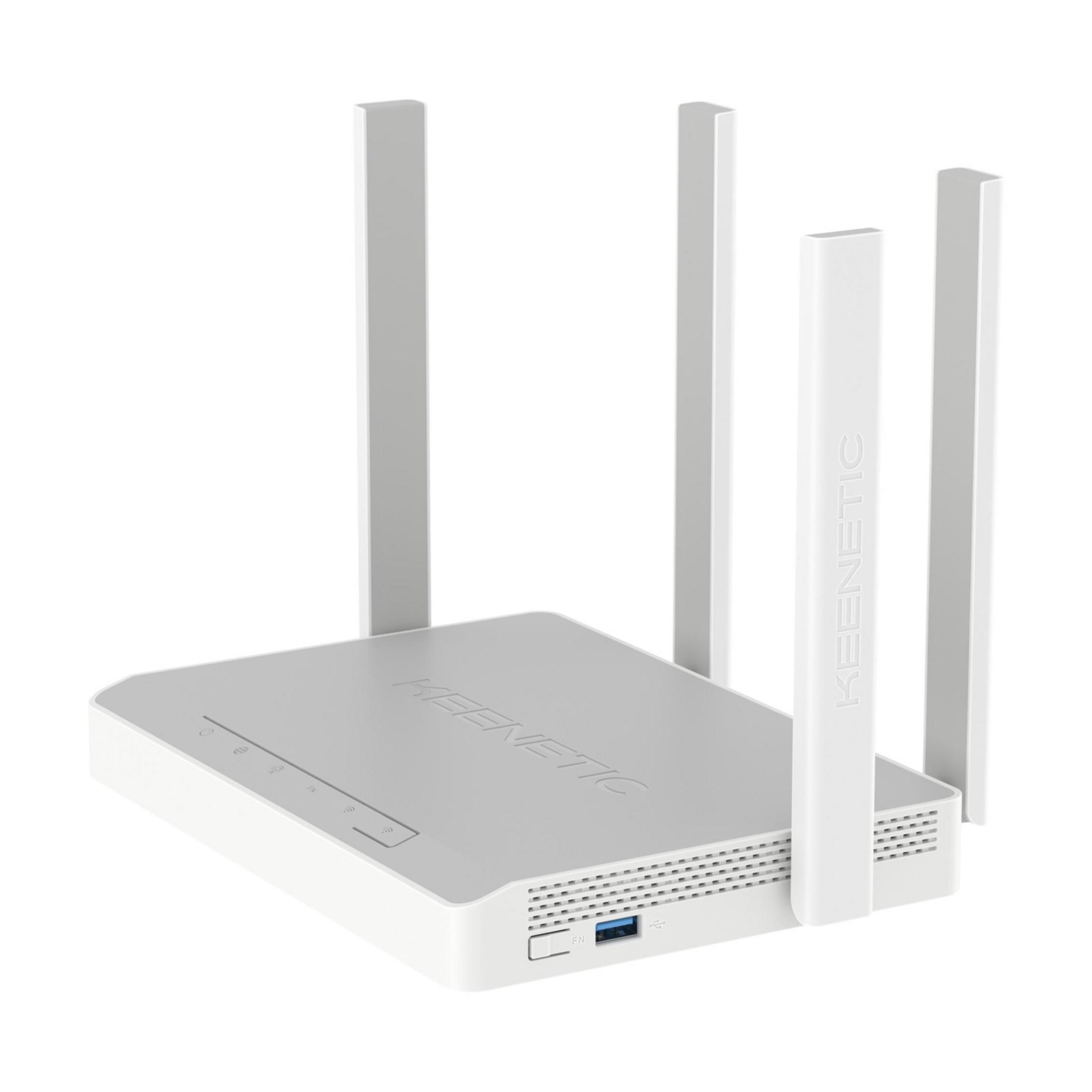 Biały router Keenetic z czterema antenami.