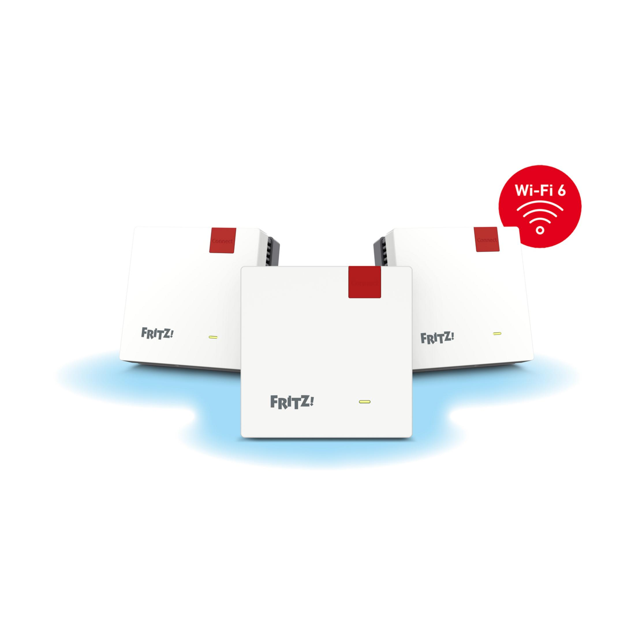 Trzy białe routery Fritz!Box z czerwonym detalem i ikoną Wi-Fi 6.