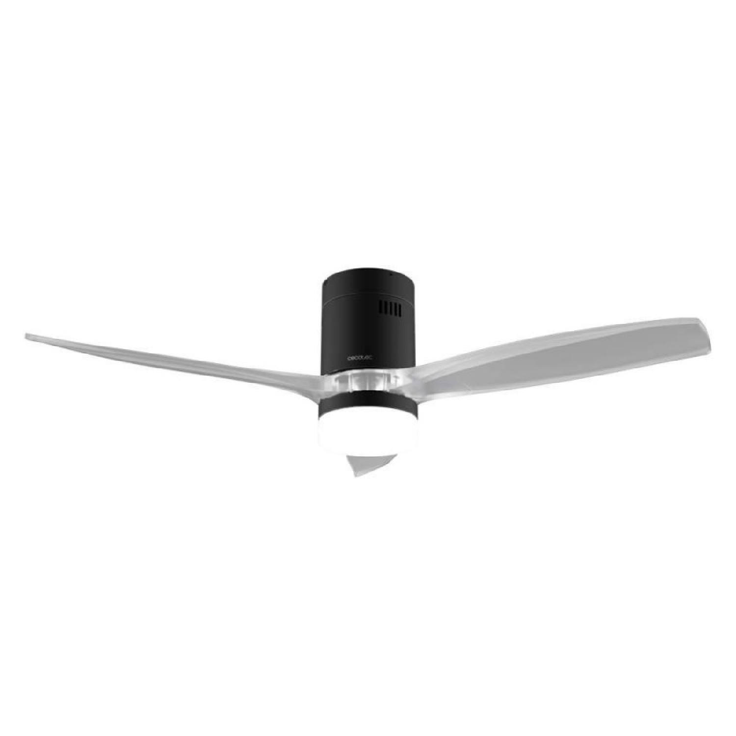 Ventilatore da soffitto nero con tre pale traslucide e luce integrata.