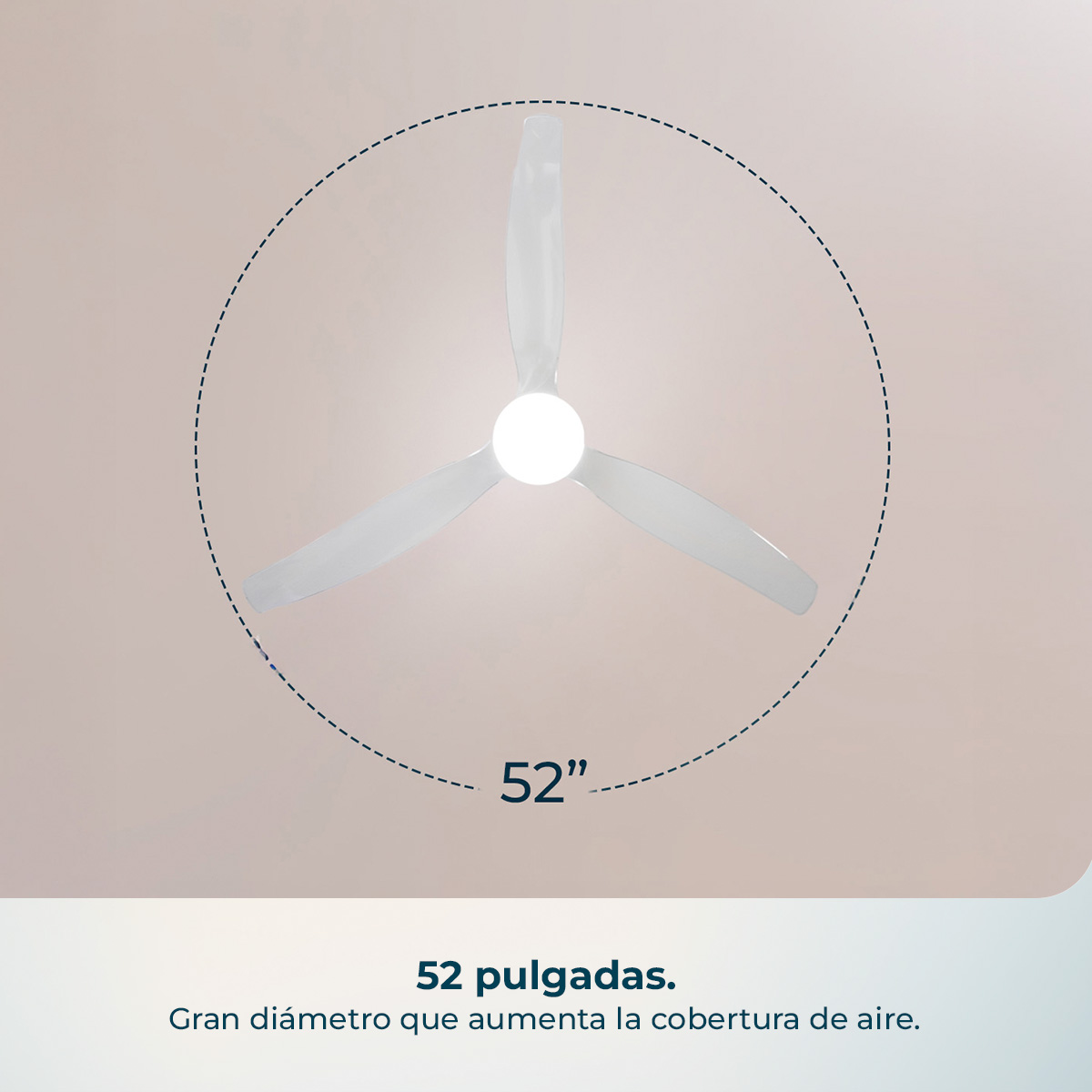 Un ventilatore da soffitto bianco a tre pale, misura 52 pollici, su sfondo chiaro.