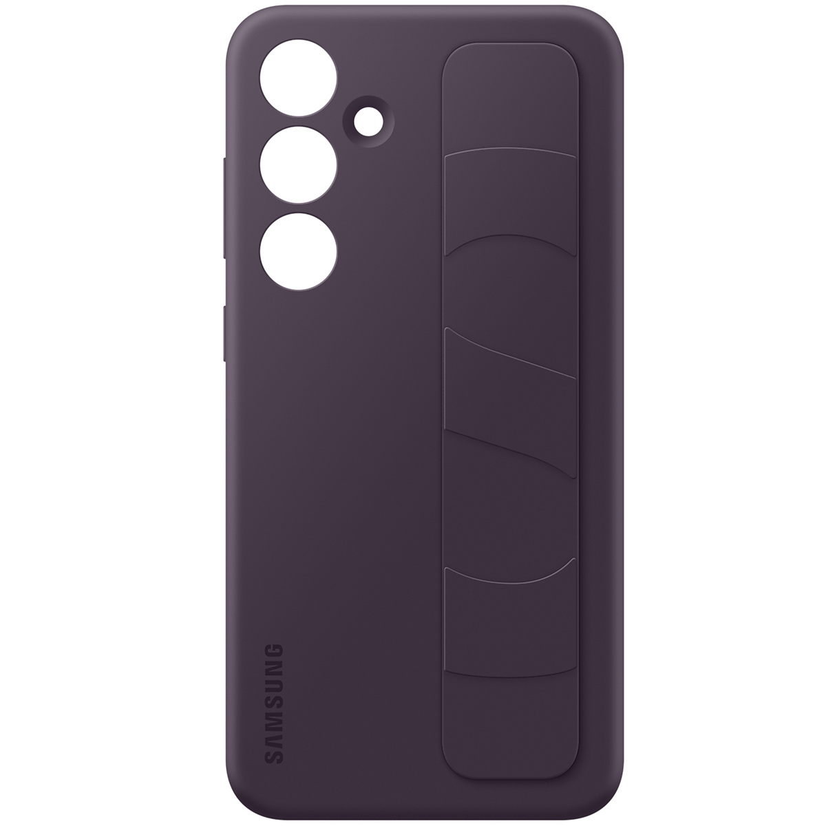 Custodia viola scuro con tre ritagli per fotocamera e una fessura verticale.
