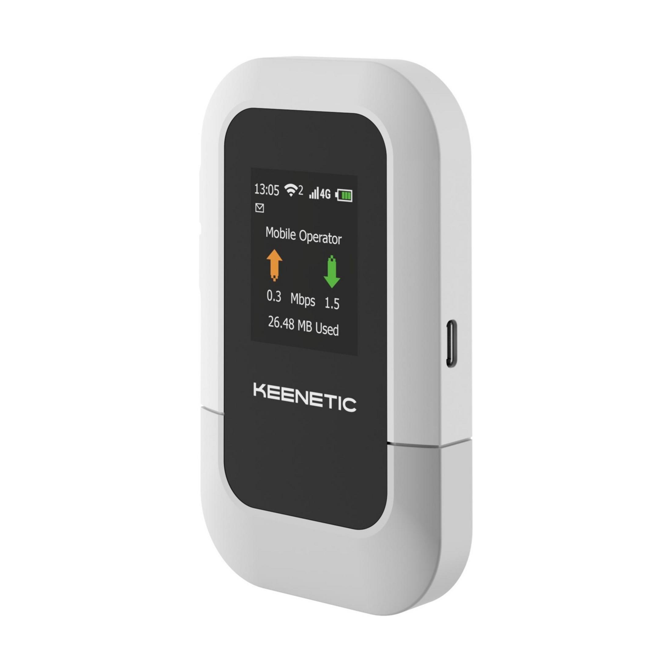 Ein weißer Keenetic 4G-Router mit einem Bildschirm, der die Zeit, den Mobilfunkanbieter und die Datennutzung anzeigt.