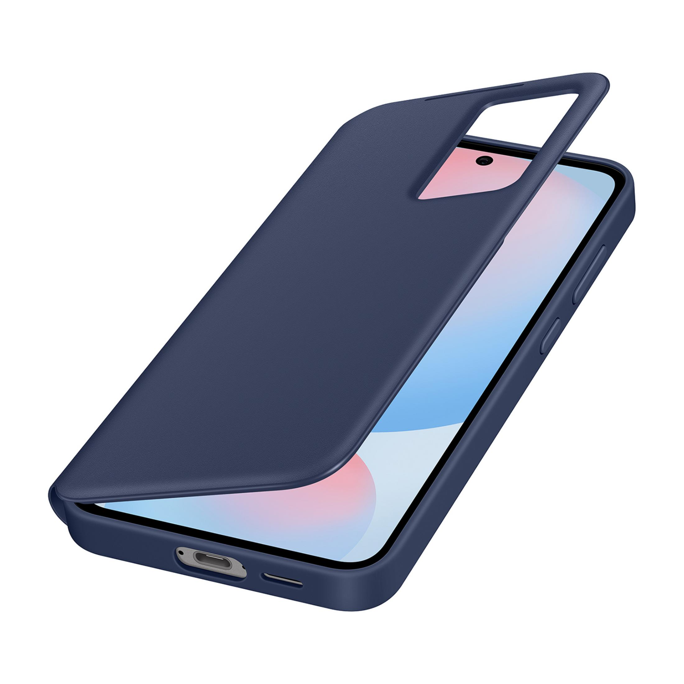 Custodia blu scuro su uno smartphone con accenti rosa e blu.