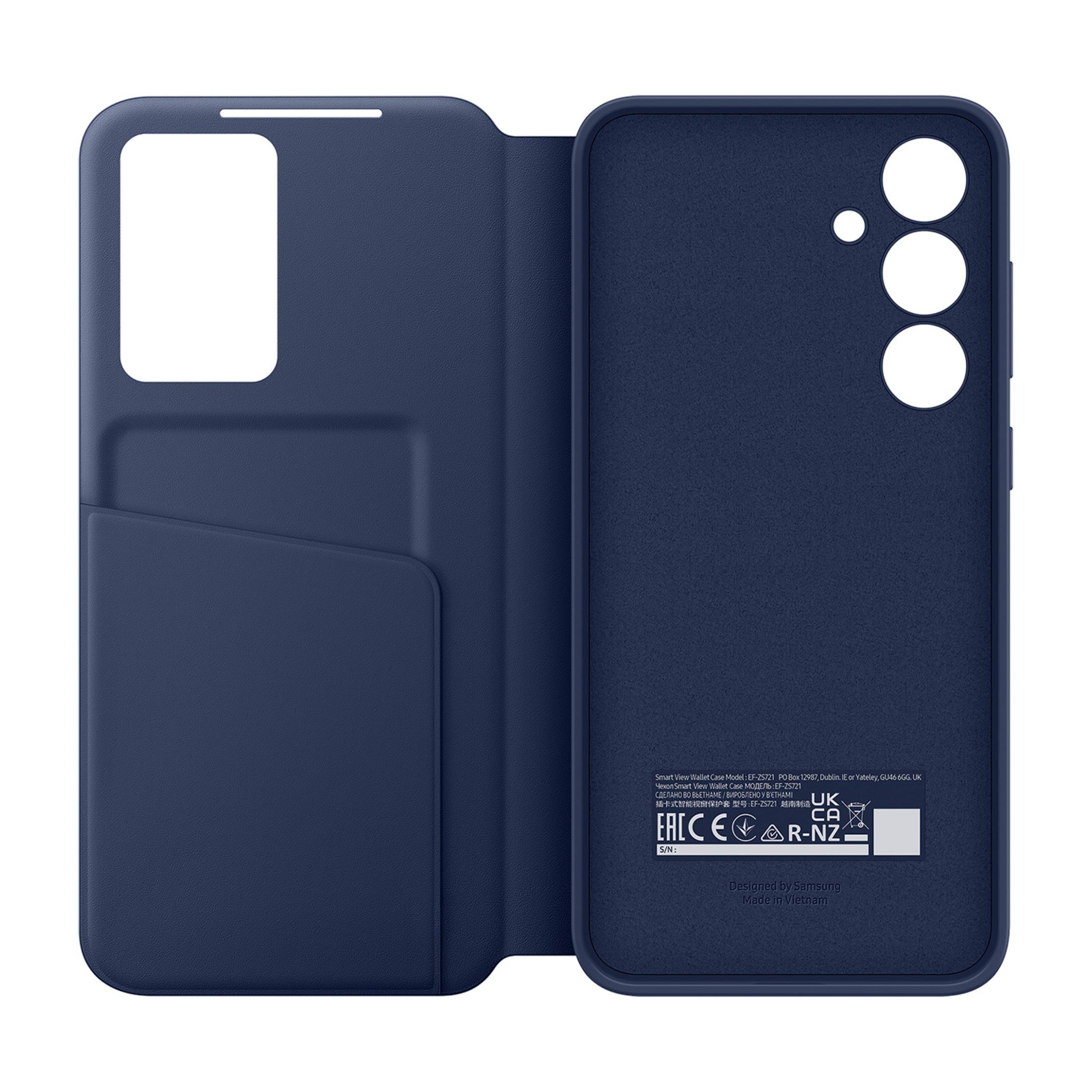 Custodia blu scuro per telefono con slot per schede e ritaglio lente.