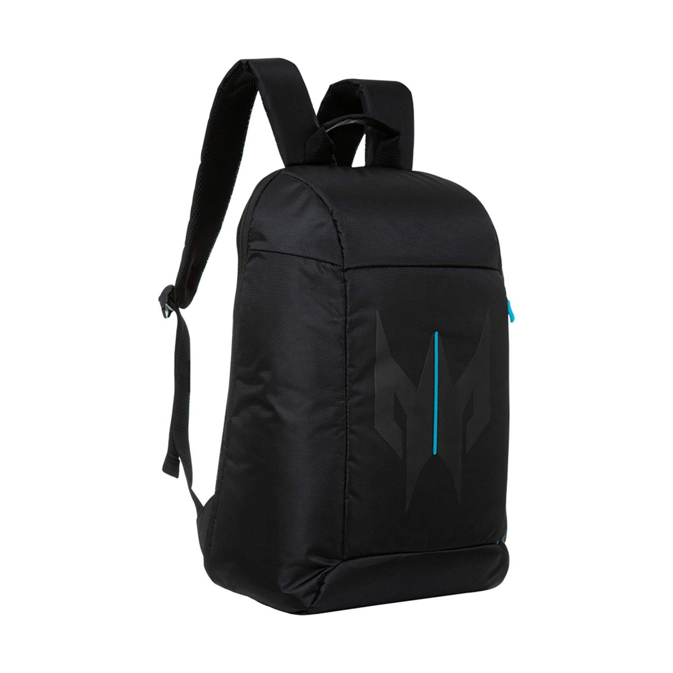 Mochila negra con acento azul y logo. Fondo blanco.