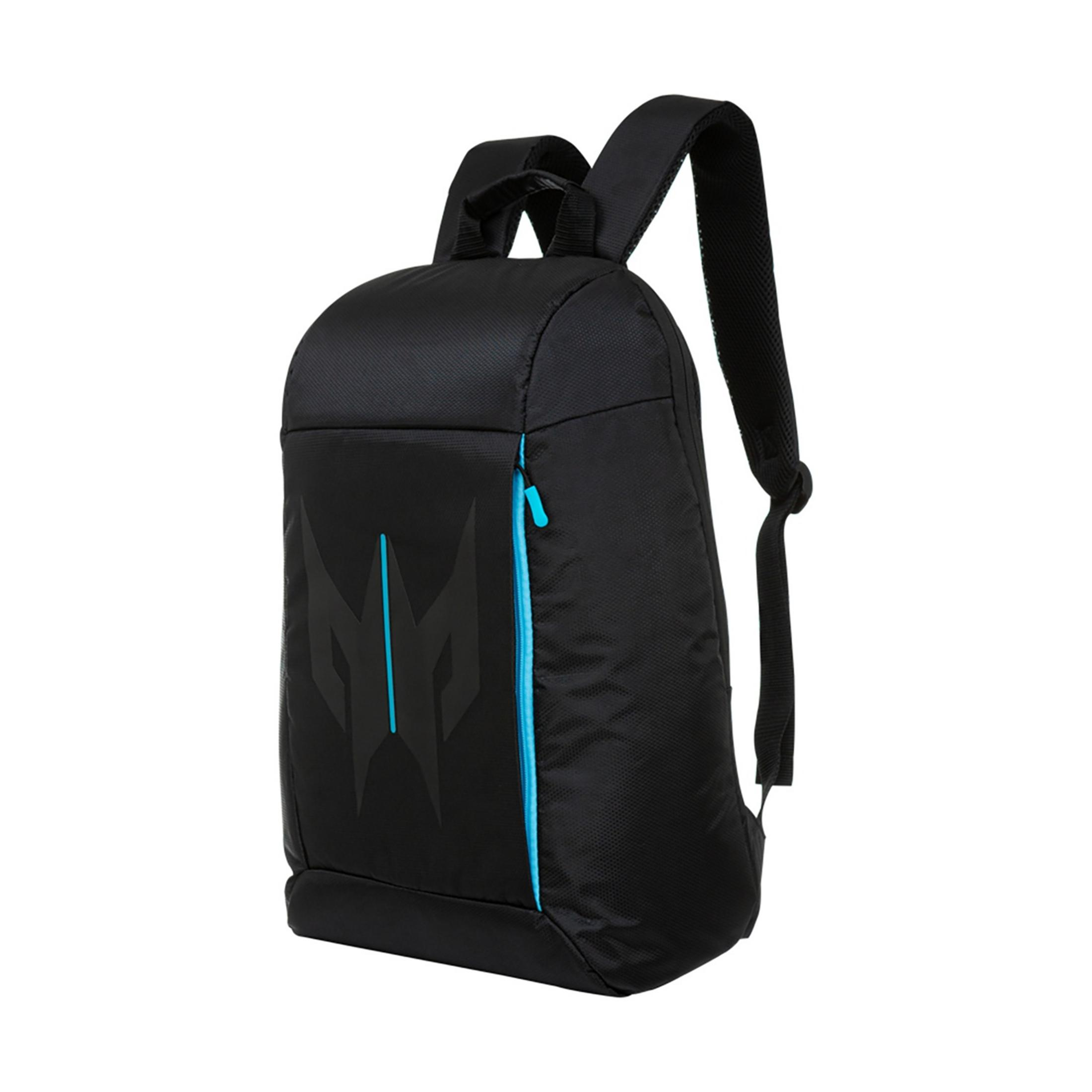 Mochila negra con cremallera azul y logo negro.
