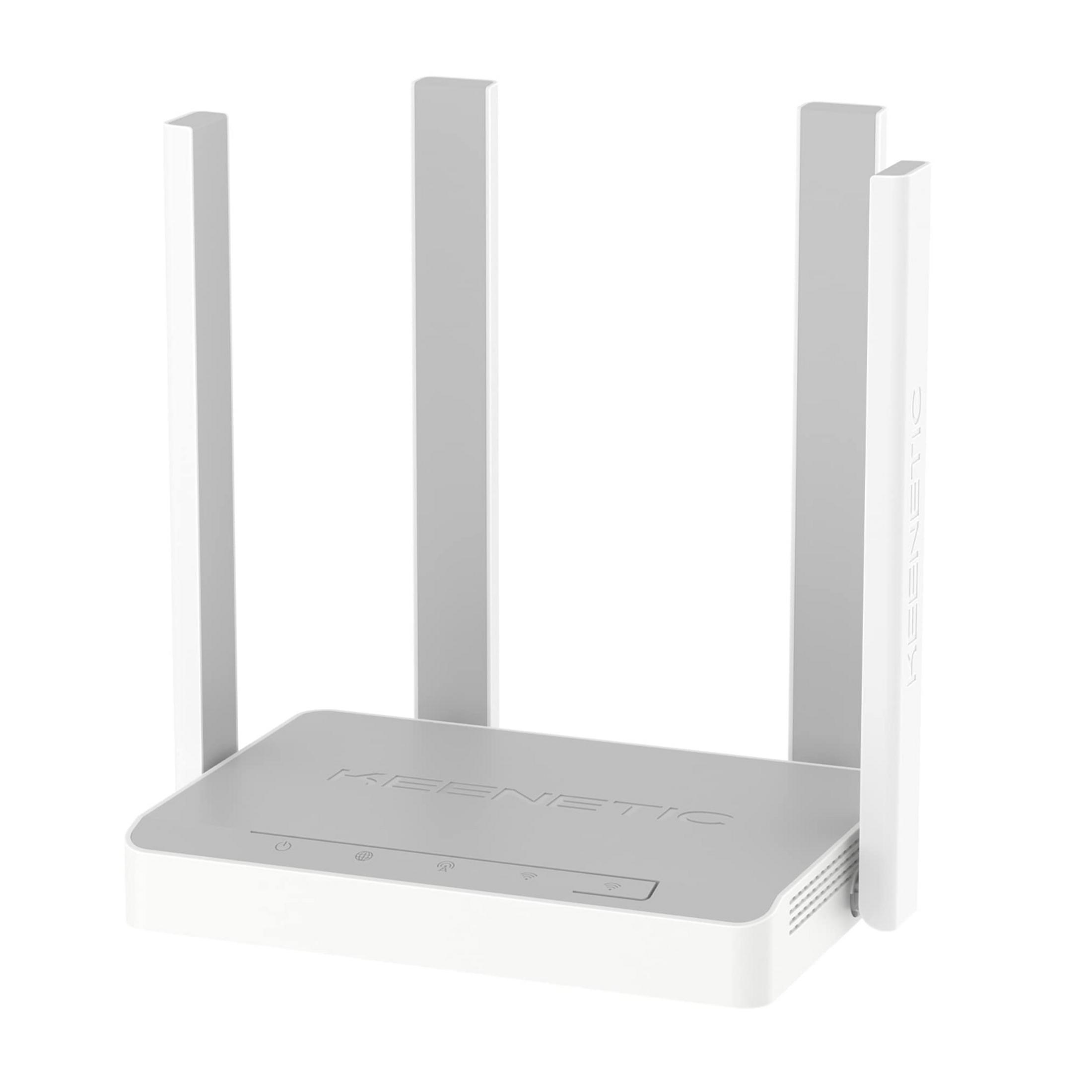 Biały router Keenetic z czterema antenami. Router posiada lampki kontrolne i logo marki.