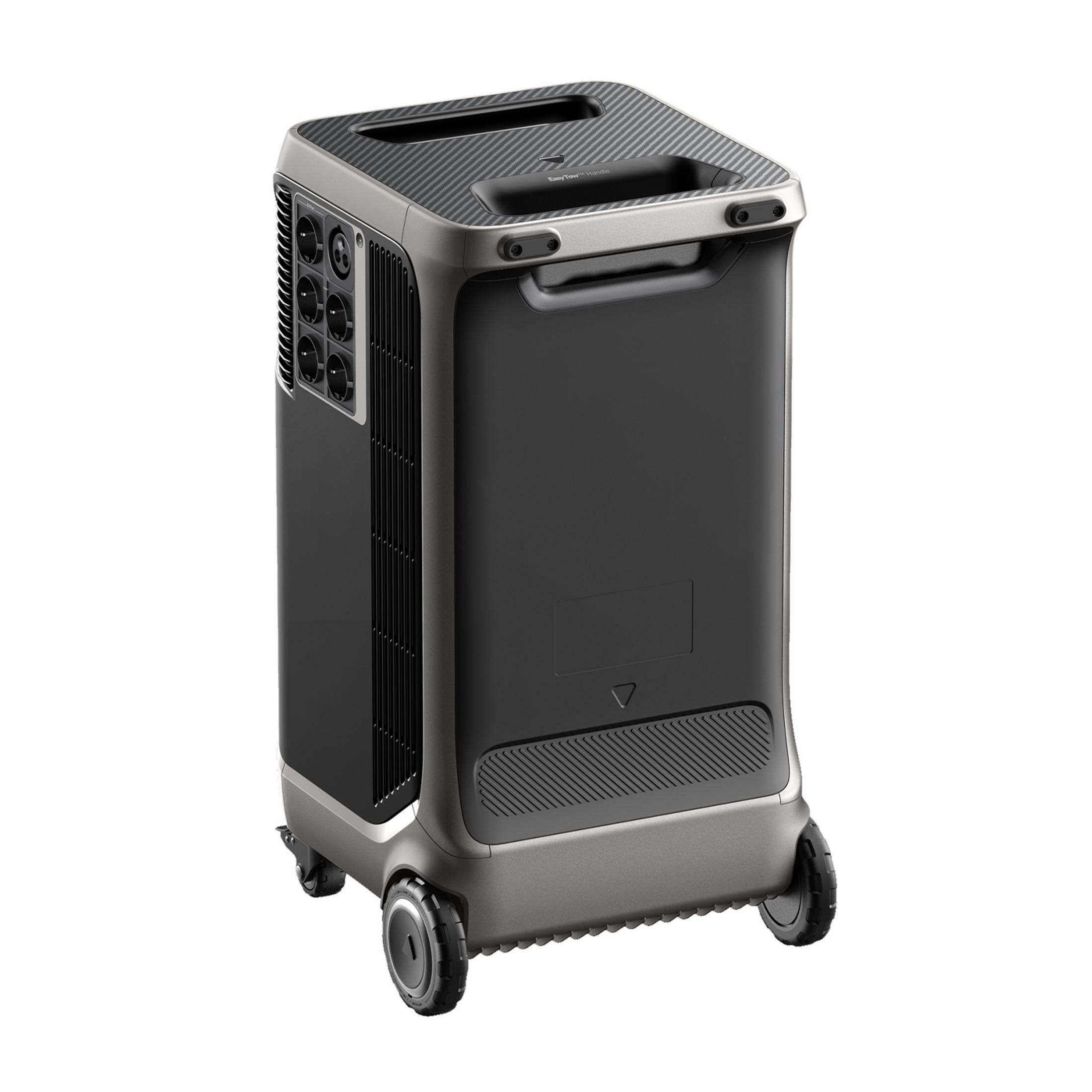 Szara i czarna przenośna stacja zasilania z kołami i uchwytem.