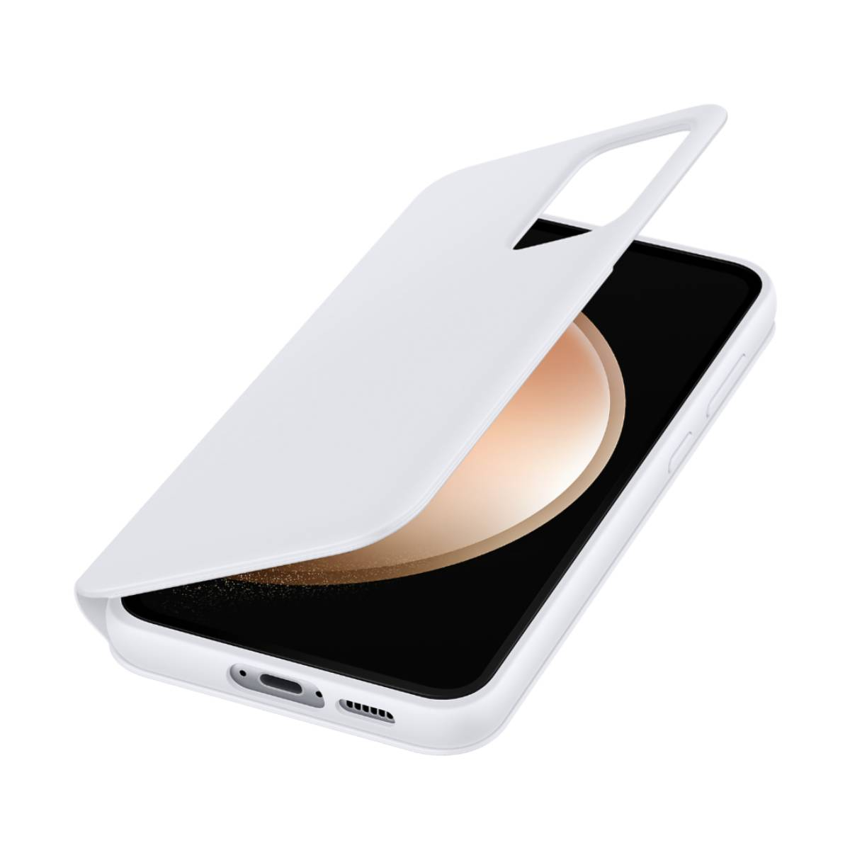 Cover bianca per telefono appoggiata su uno smartphone con obiettivo rotondo.
