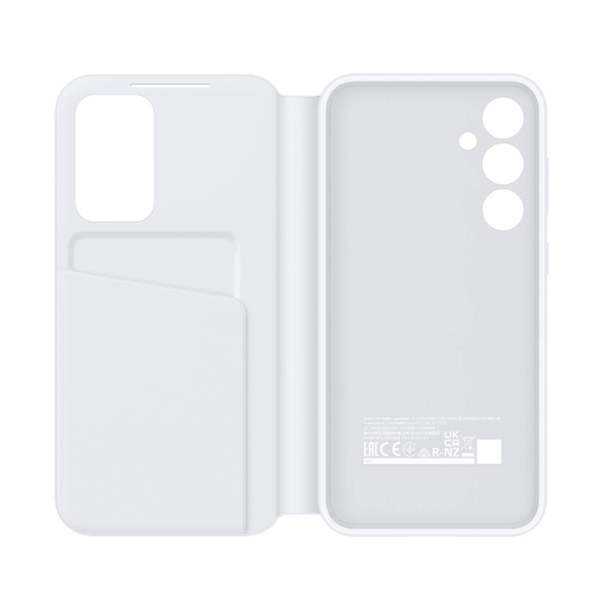 Custodia bianca per telefono con slot per carte e ritagli per fotocamera.