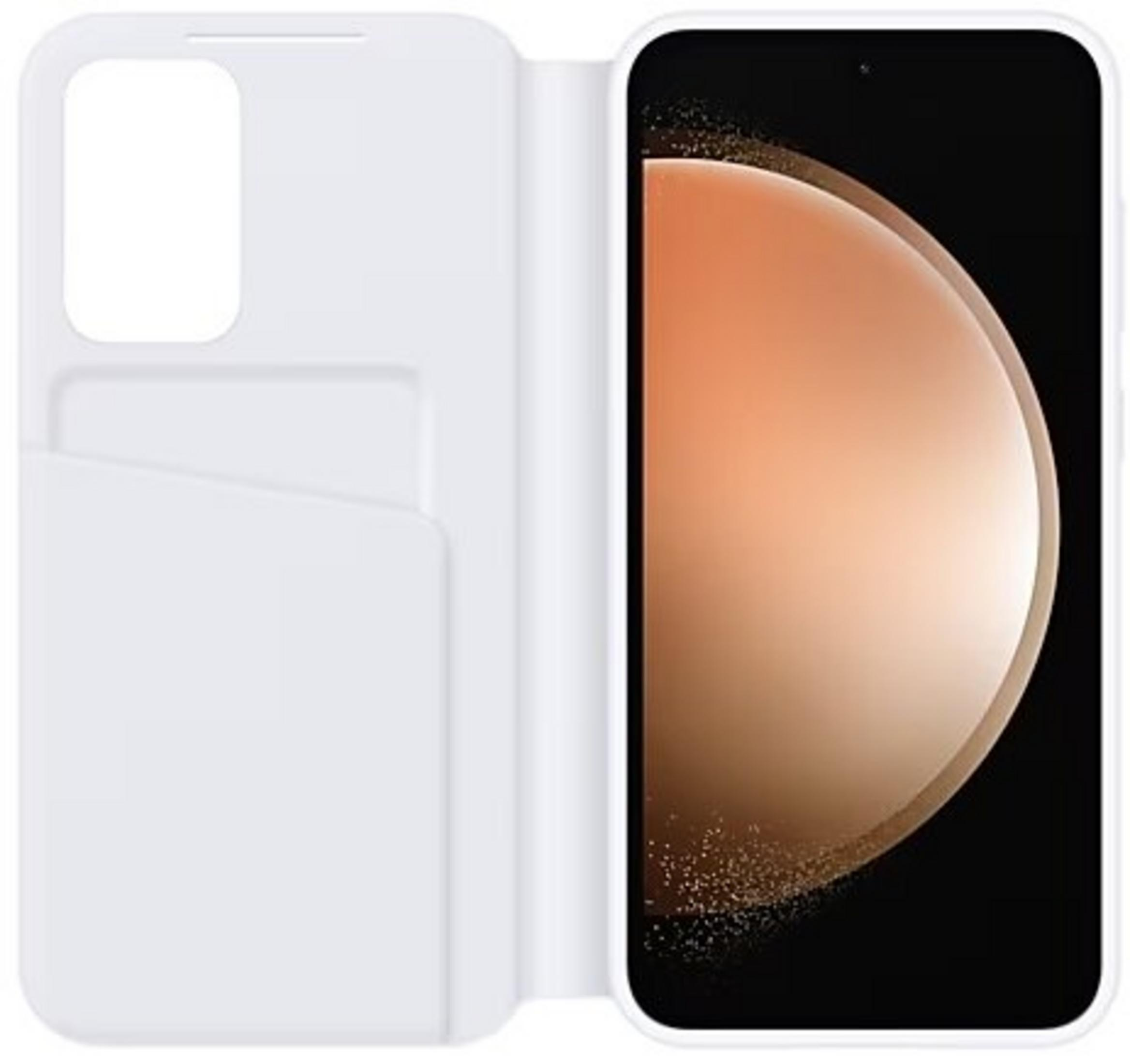 Uno smartphone bianco con custodia aperta, che mostra uno schermo con design arancione.