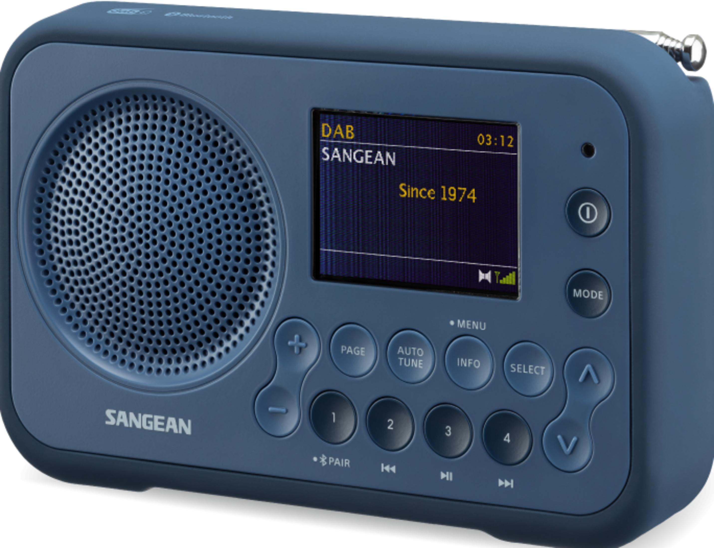 Une radio DAB Sangean bleue avec écran et boutons.