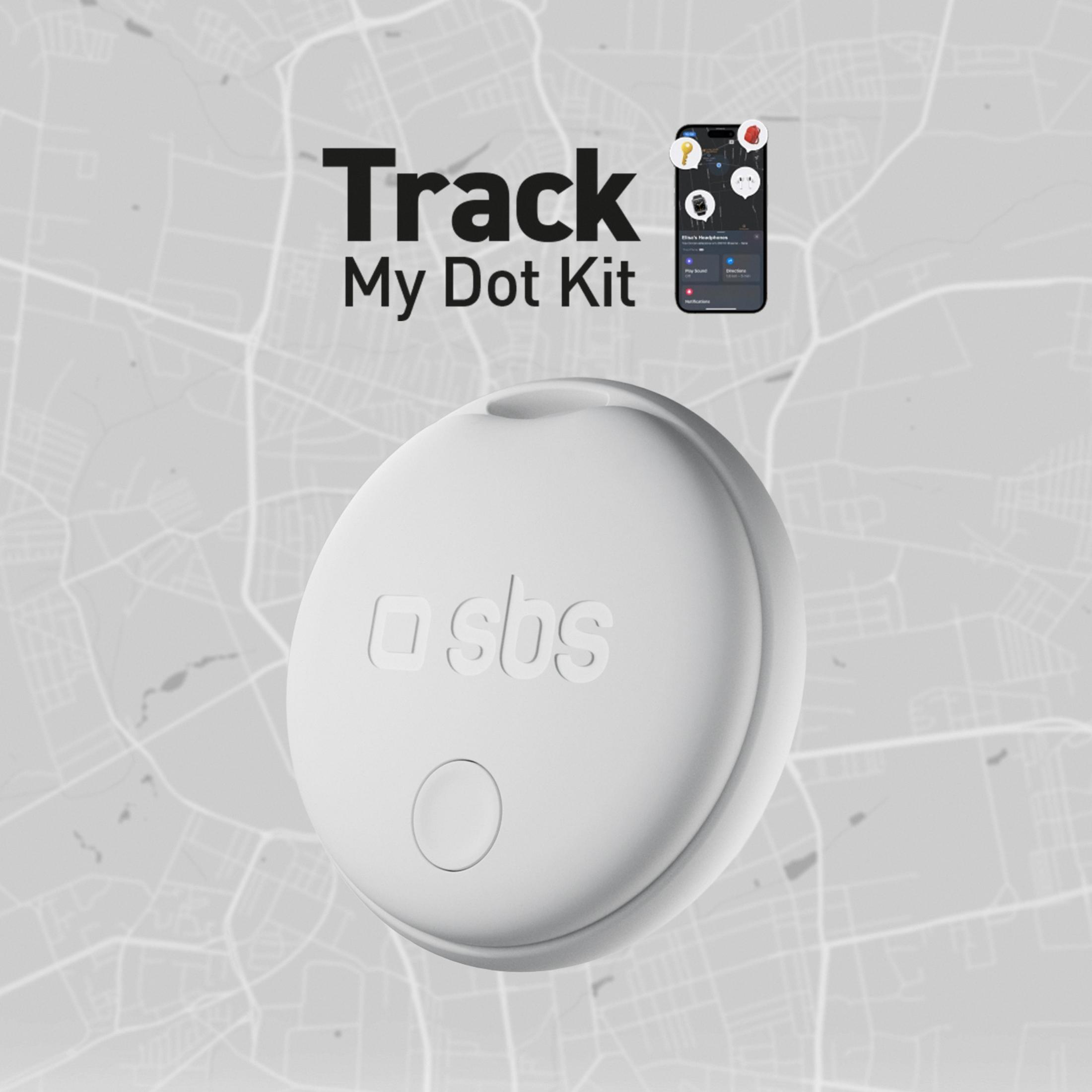 Un rastreador blanco Track My Dot Kit sobre un mapa en escala de grises.