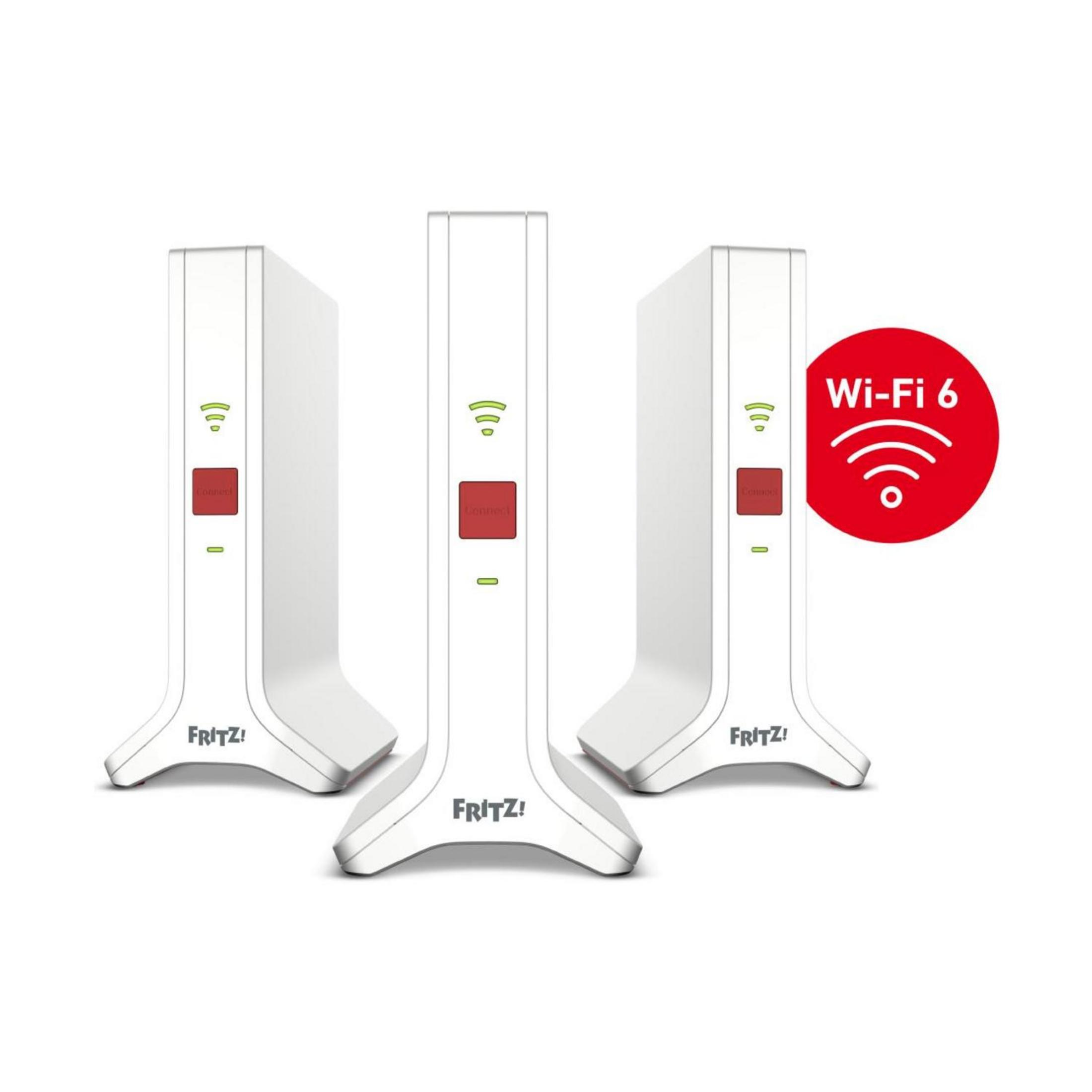 Drei weiße Fritz!Box WLAN-Router mit Wi-Fi 6 Logo.