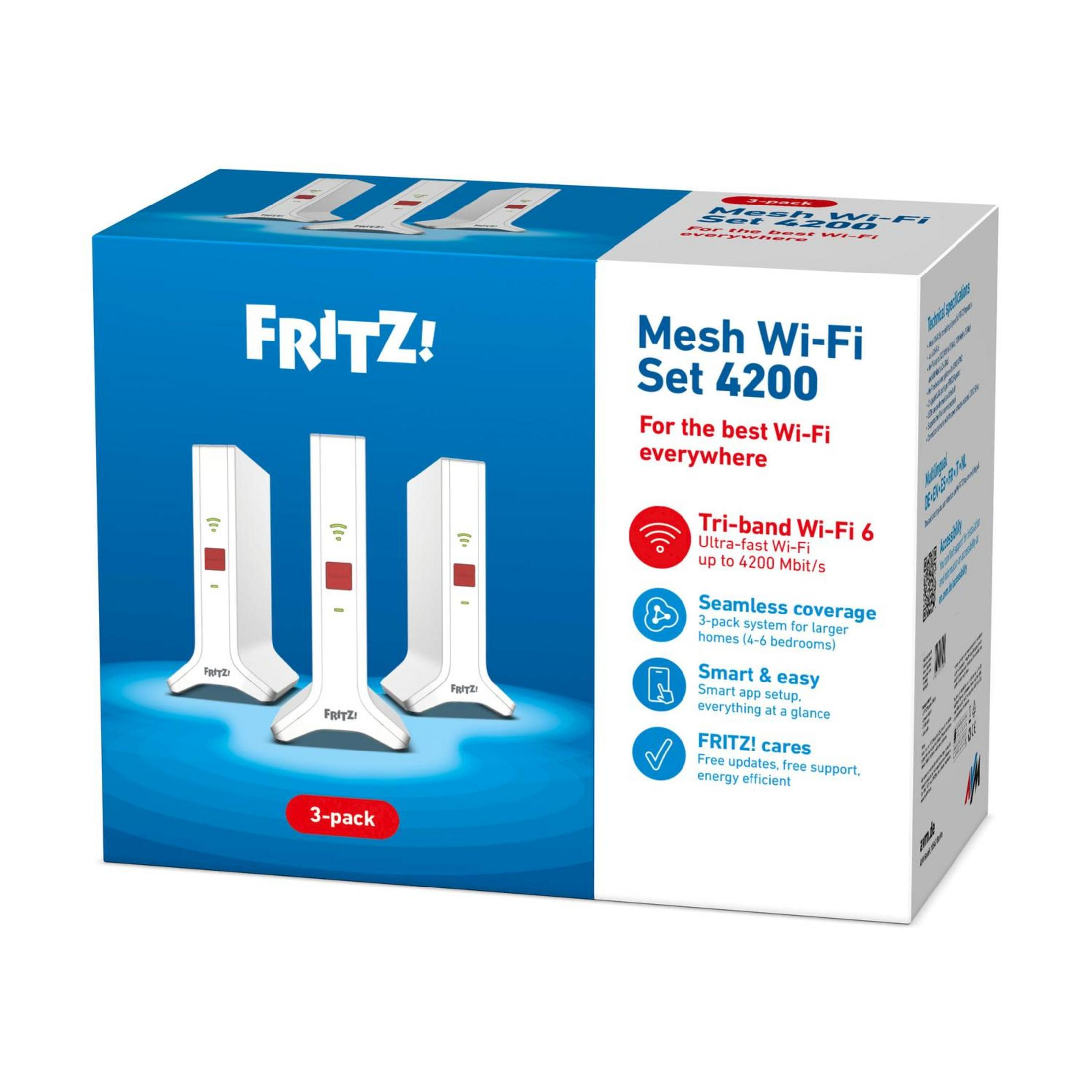 FRITZ! Mesh Wi-Fi Set 4200 mit drei weißen Geräten, für schnelles WLAN zu Hause.