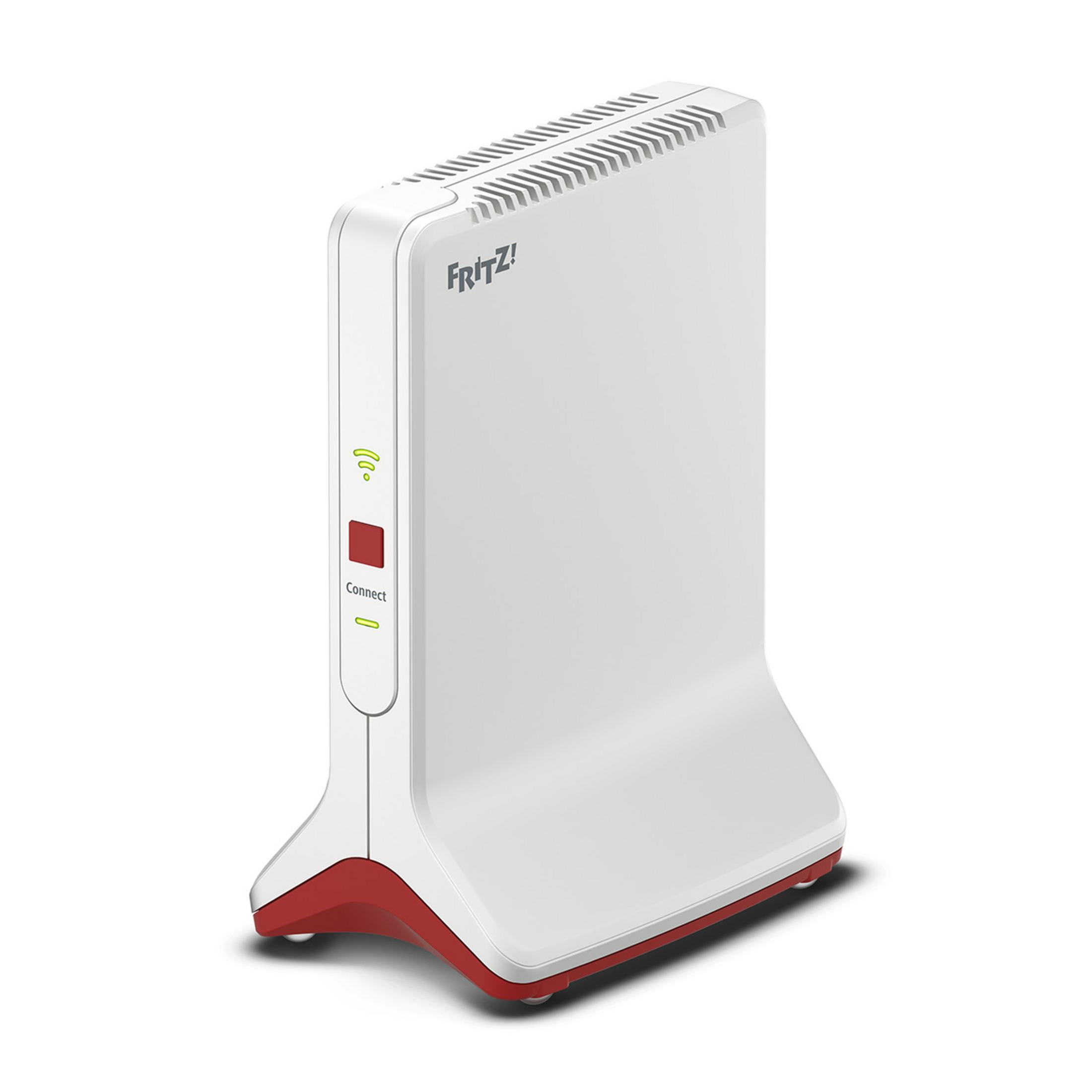 Ein wei0er Fritz!Box-Router mit rotem Sockel und gr0unen Lichtern.