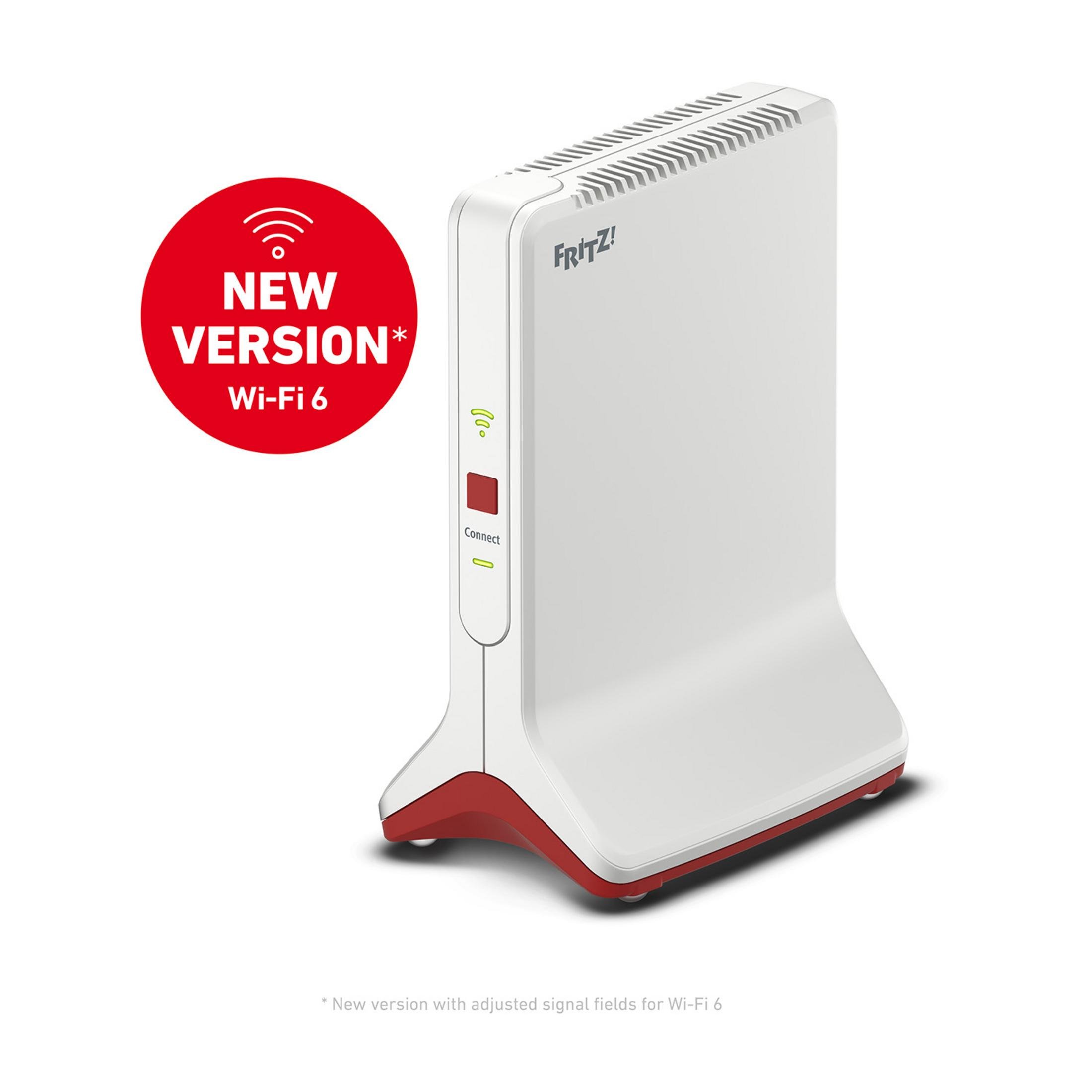 Ein weißer Router mit rotem Akzent und einem roten Kreis mit "NEW VERSION Wi-Fi 6".
