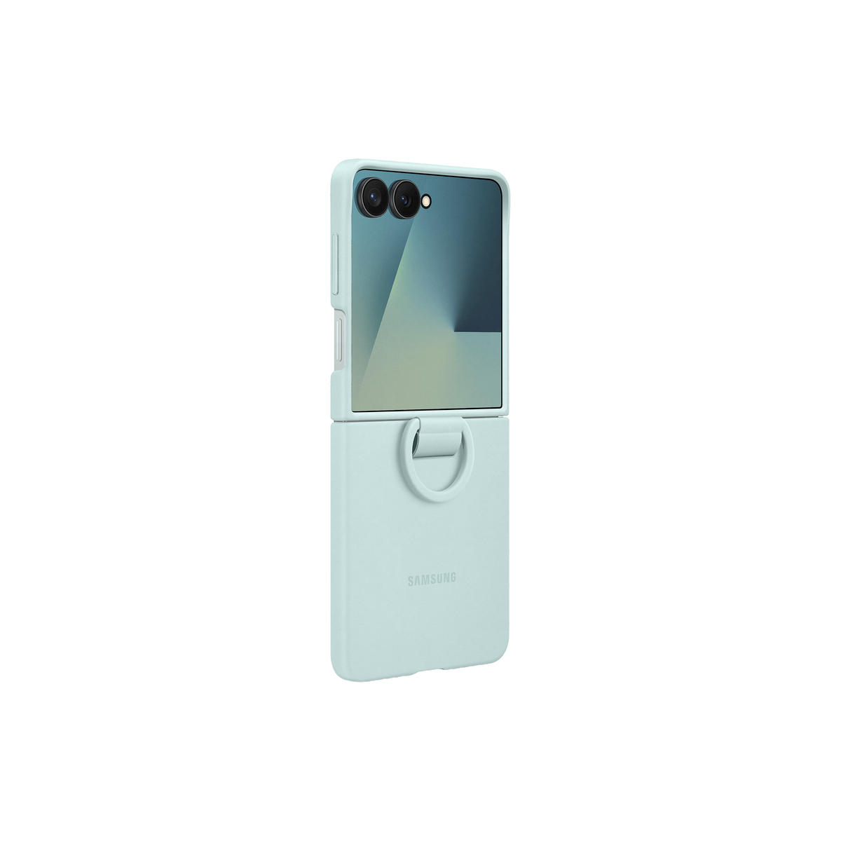 Jasnoniebieski Samsung flip phone z uchwytem pierścieniowym i dwoma tylnymi kamerami.