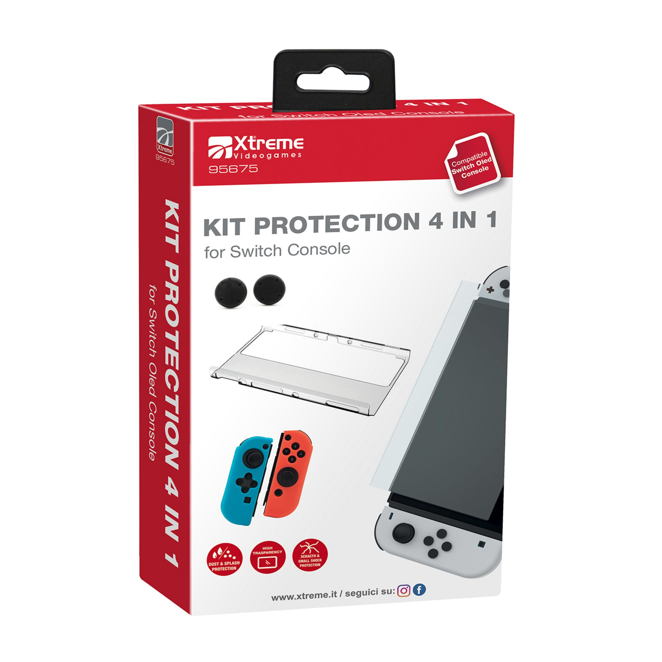 Scatola per un kit di protezione 4 in 1 per Nintendo Switch OLED con joystick e protezione schermo.