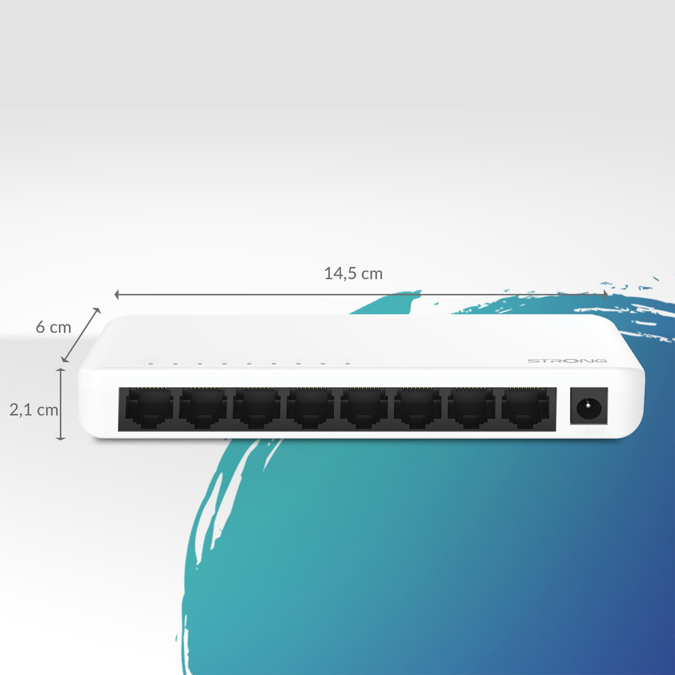 Biały przełącznik sieciowy z ośmioma portami i złączem zasilania.