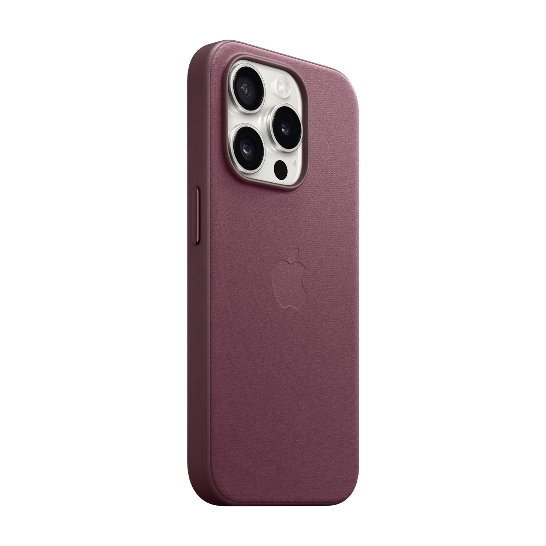Donkerrode telefoonhoes met Apple logo en cameralenzen.