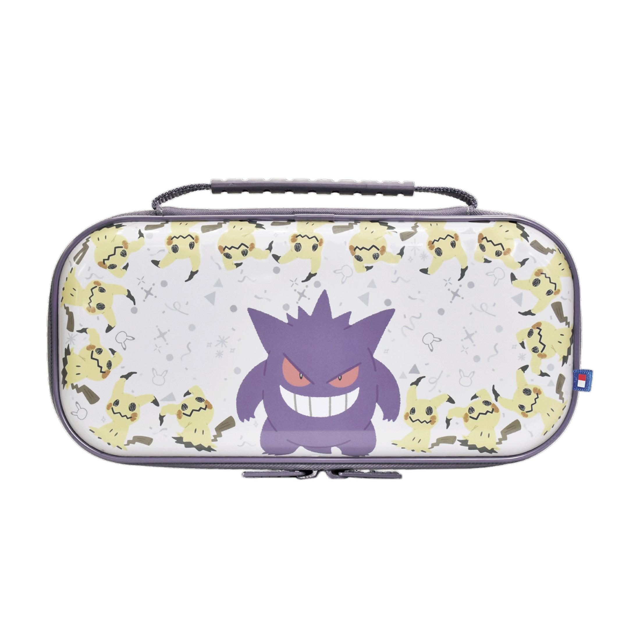 Gengar morado y Mimikyu amarillo adornan esta funda blanca de Nintendo Switch.
