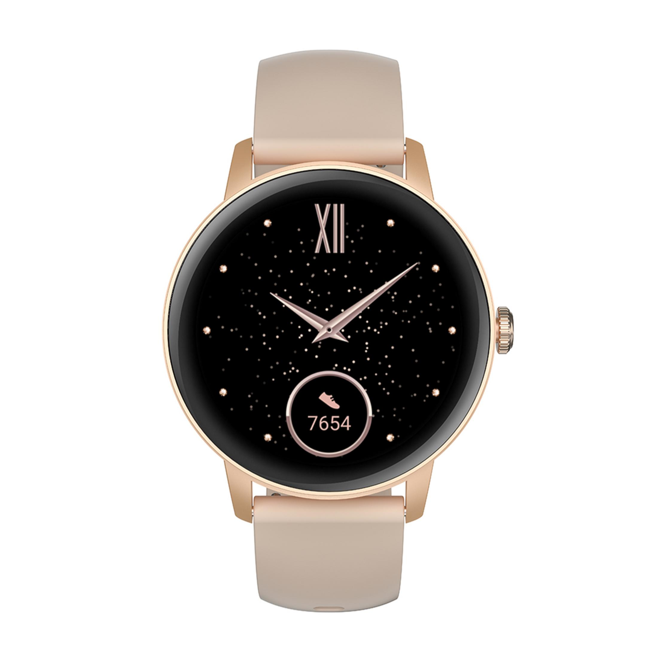 Un reloj inteligente dorado con correa beige y esfera de noche estrellada.