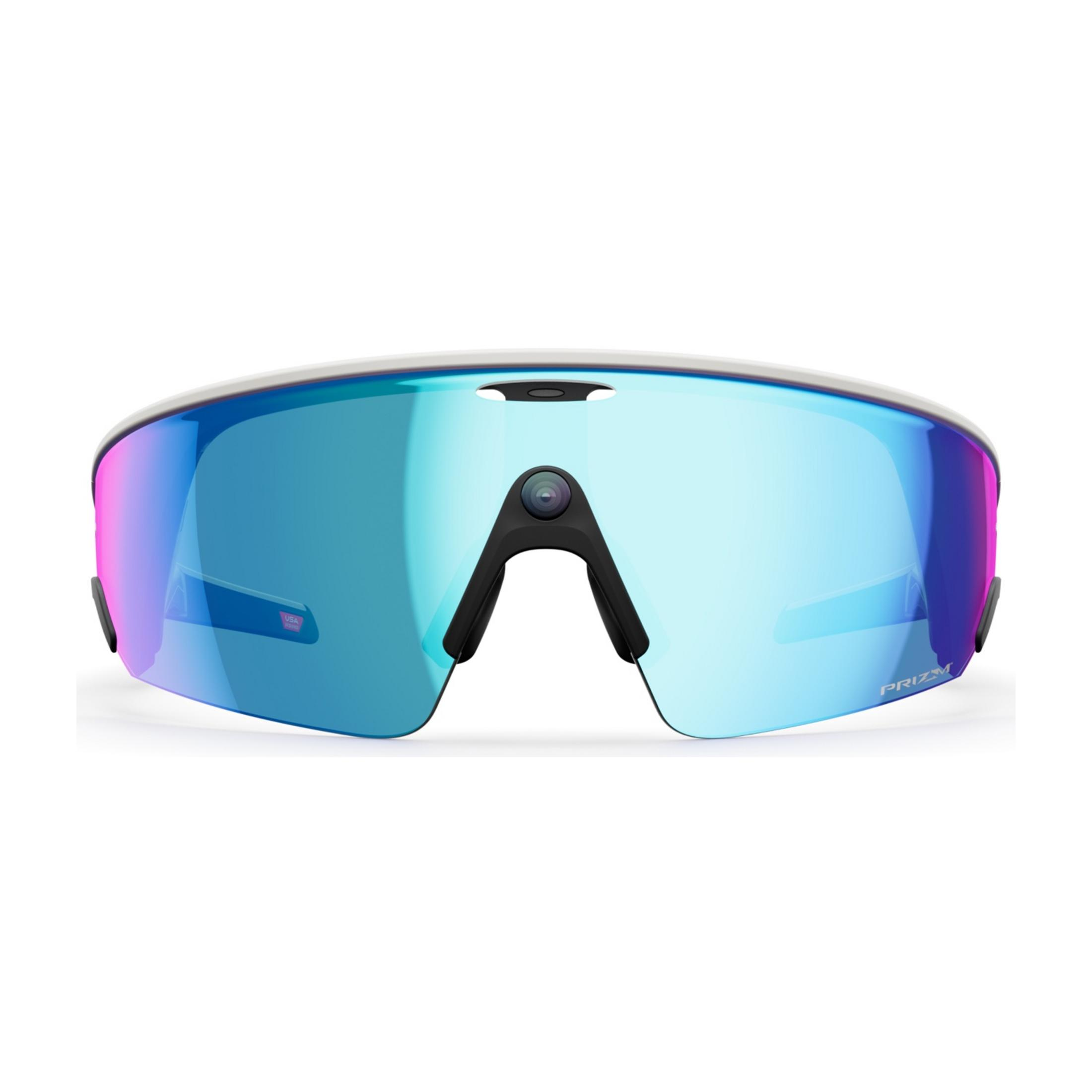 Graue Sportbrille mit blau verspiegelter Scheibe und schwarzer Nase.