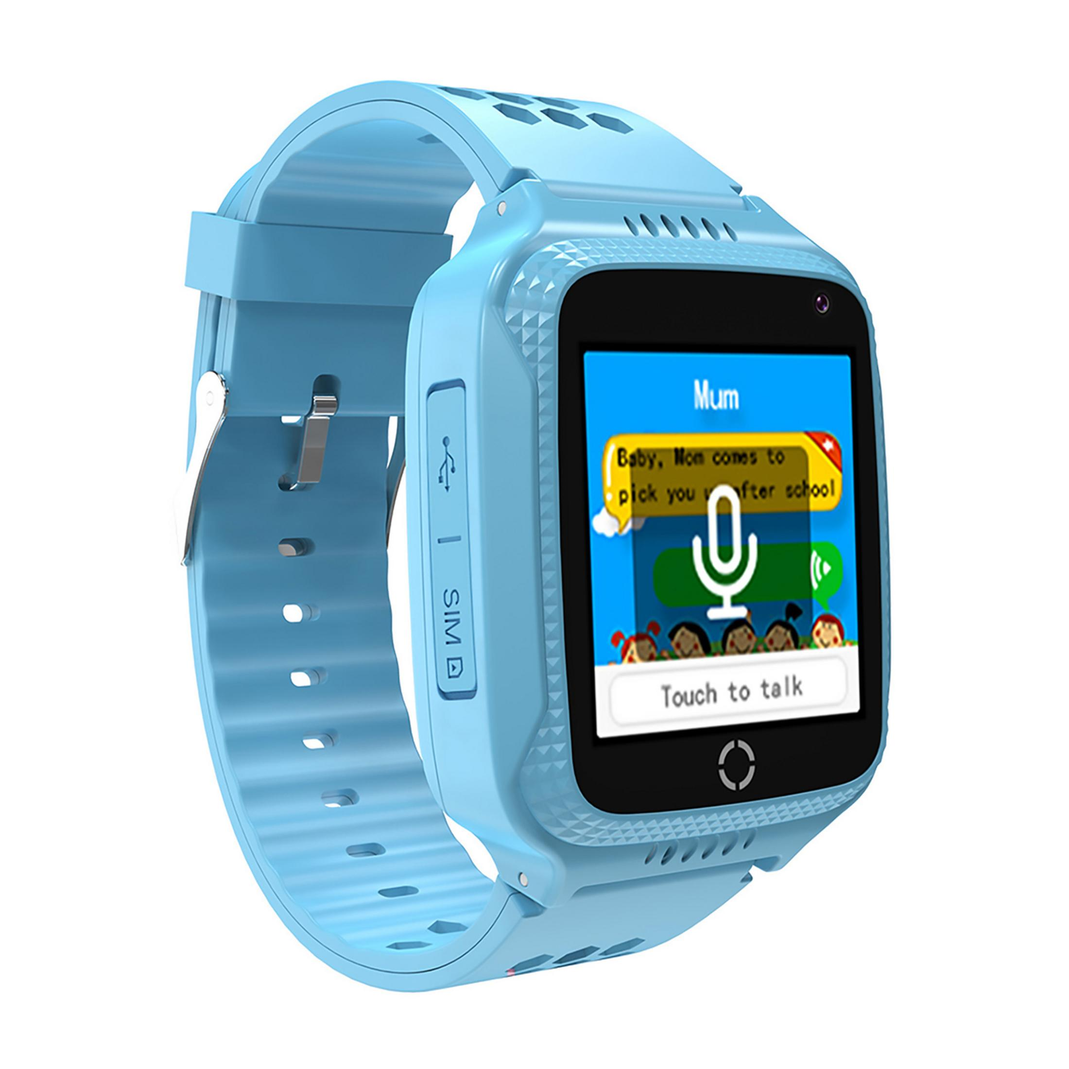 Orologio smart blu chiaro con messaggio e icona microfono.