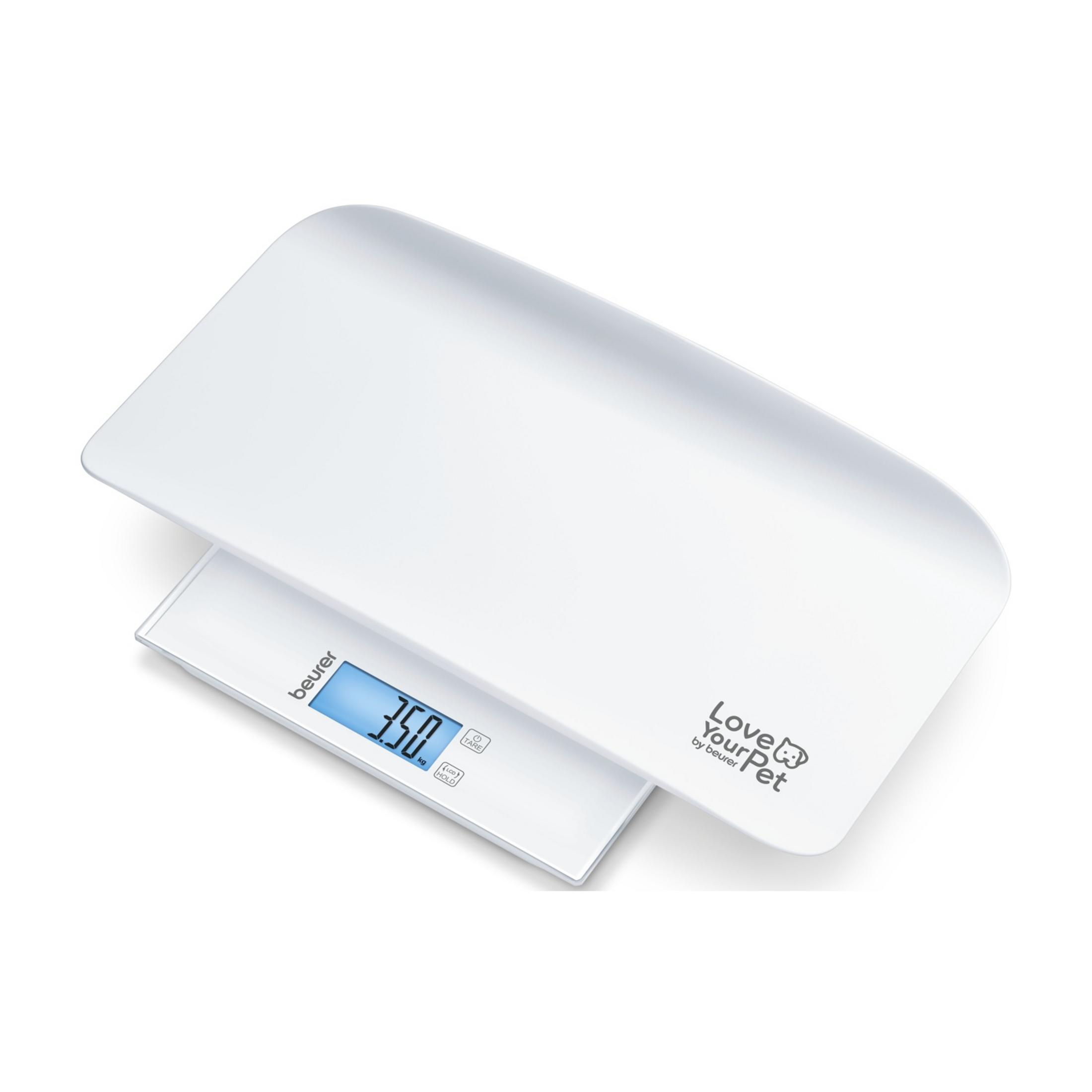 Una bilancia digitale bianca per animali con schermo LCD blu che mostra 3,50 kg.
