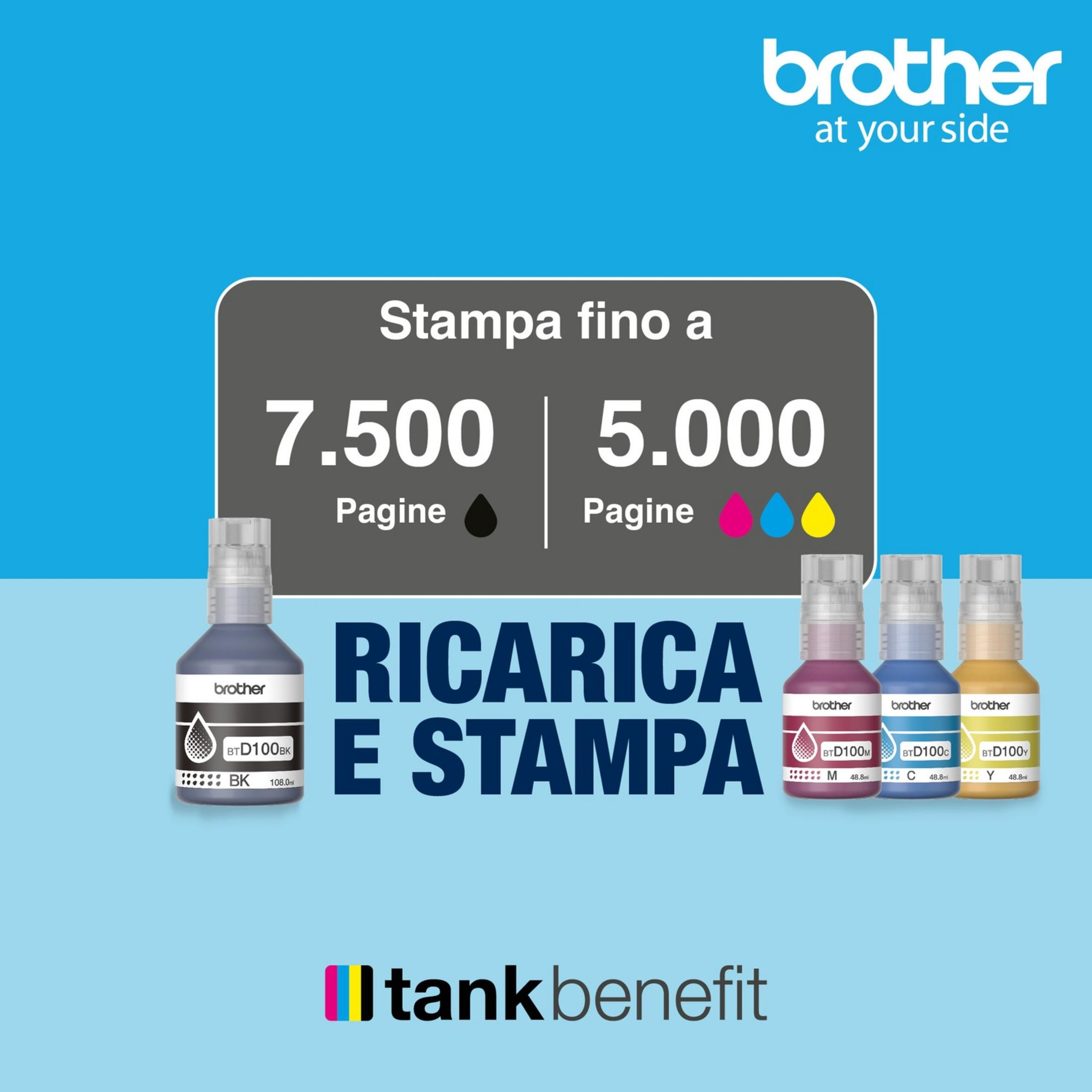 Cztery butelki z tuszem Brother: czarny, magenta, cyjan, żółty. Tekst o kosztach druku.